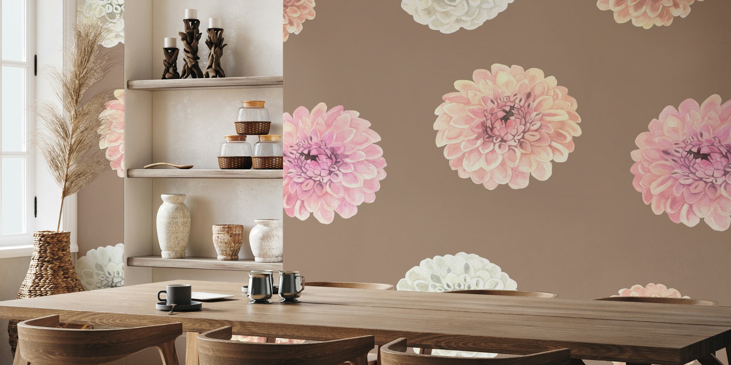 Colorful dahlia flowers on a soft brown background wallpaper