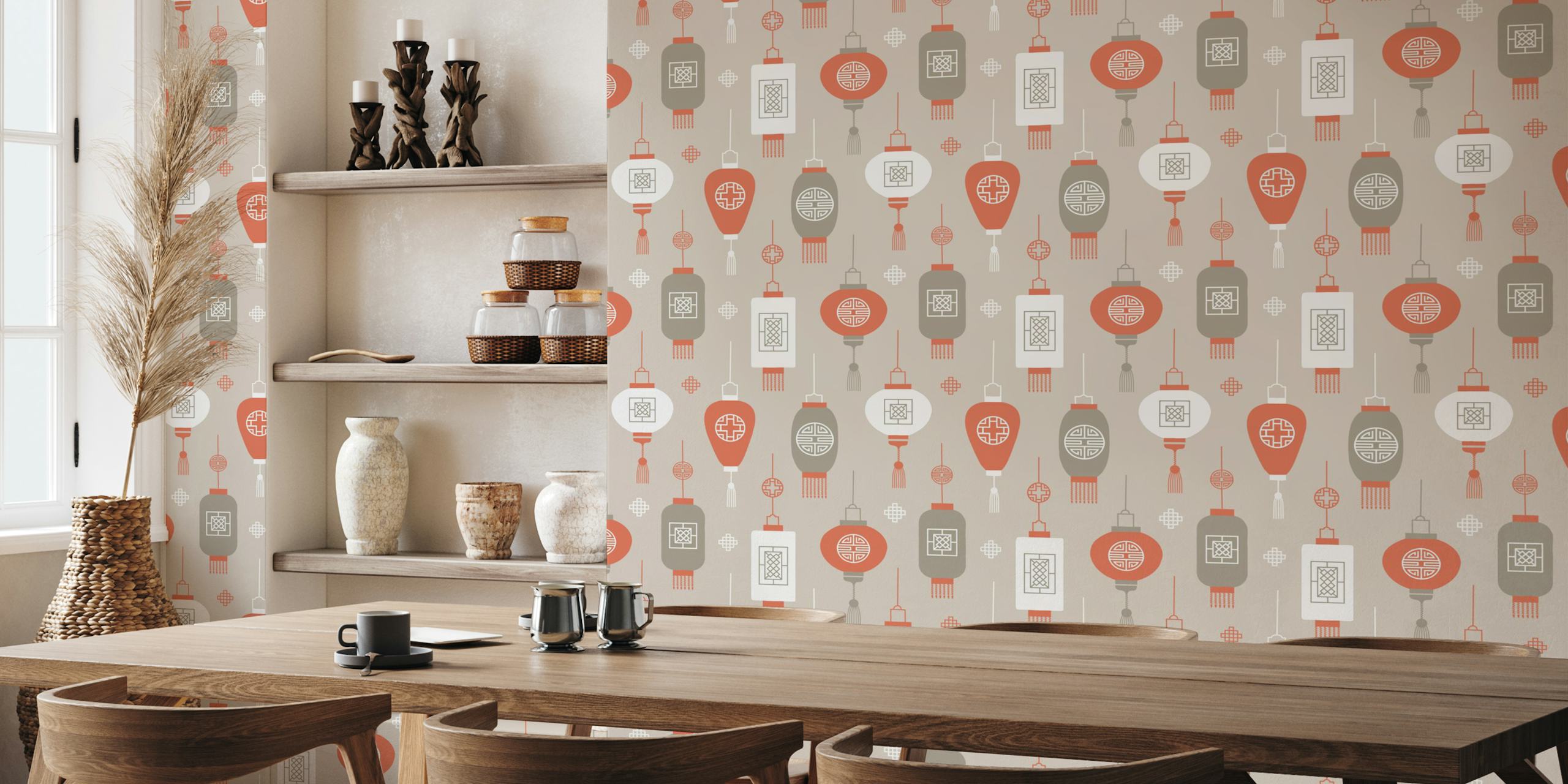 Chinese lantern designs in ochre, white and gray wallpaper