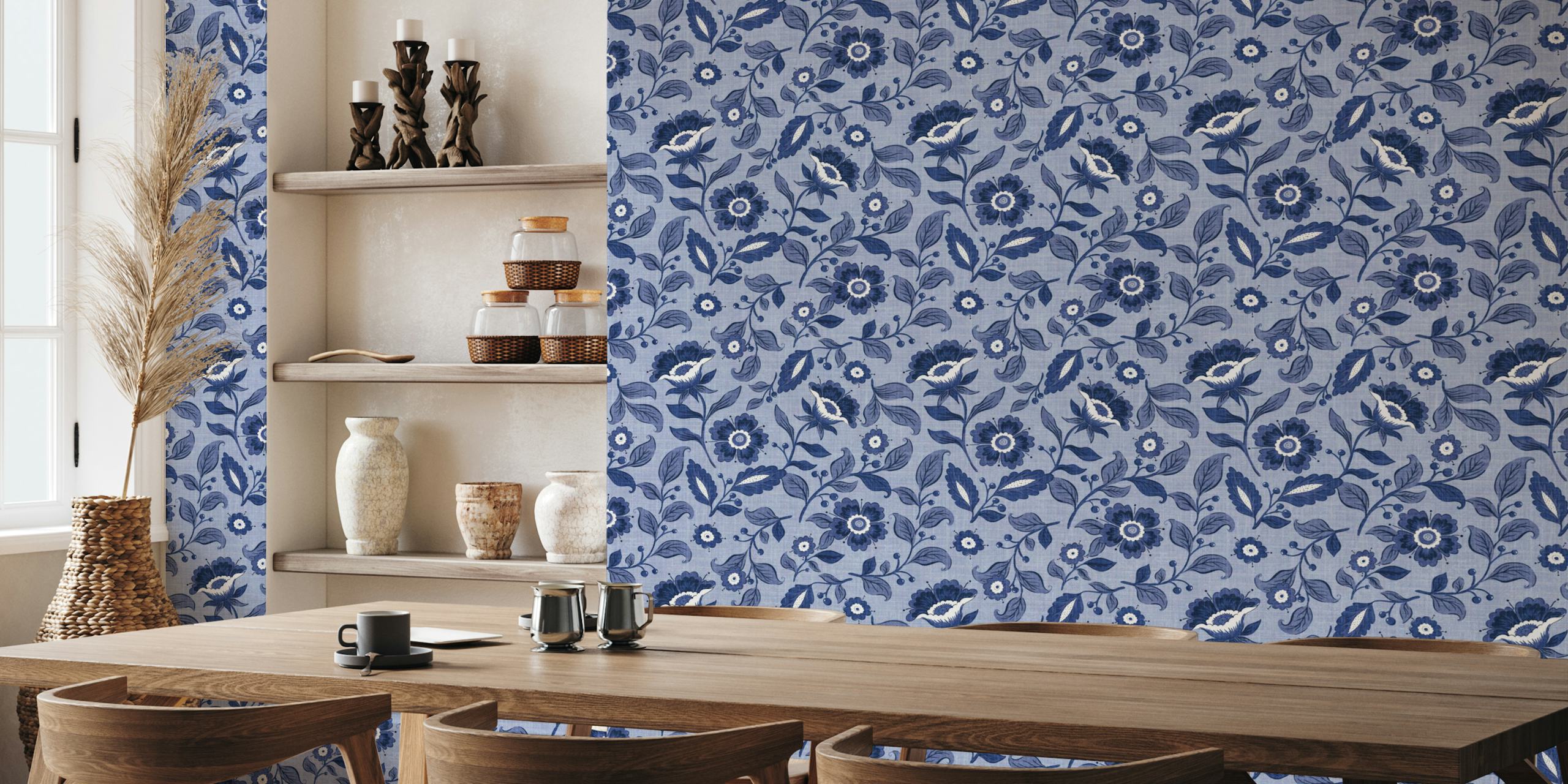 Blue floral design with leaves and small flowers wallpaper