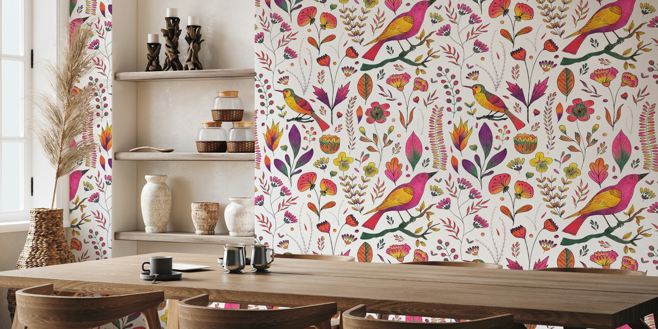 Colorful songbirds and flowers on a white background wallpaper