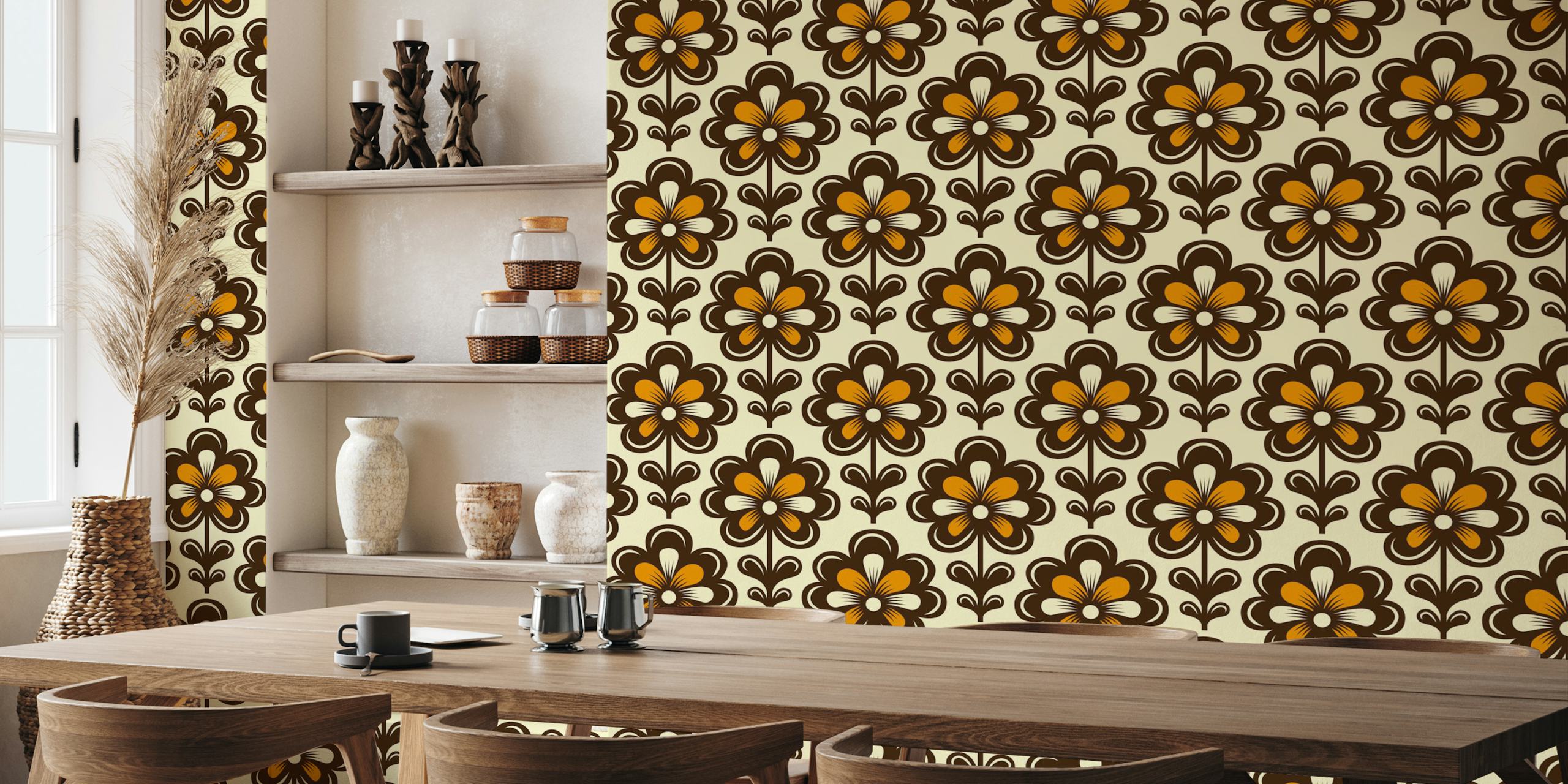 Retro floral pattern in yellow and brown colors wallpaper