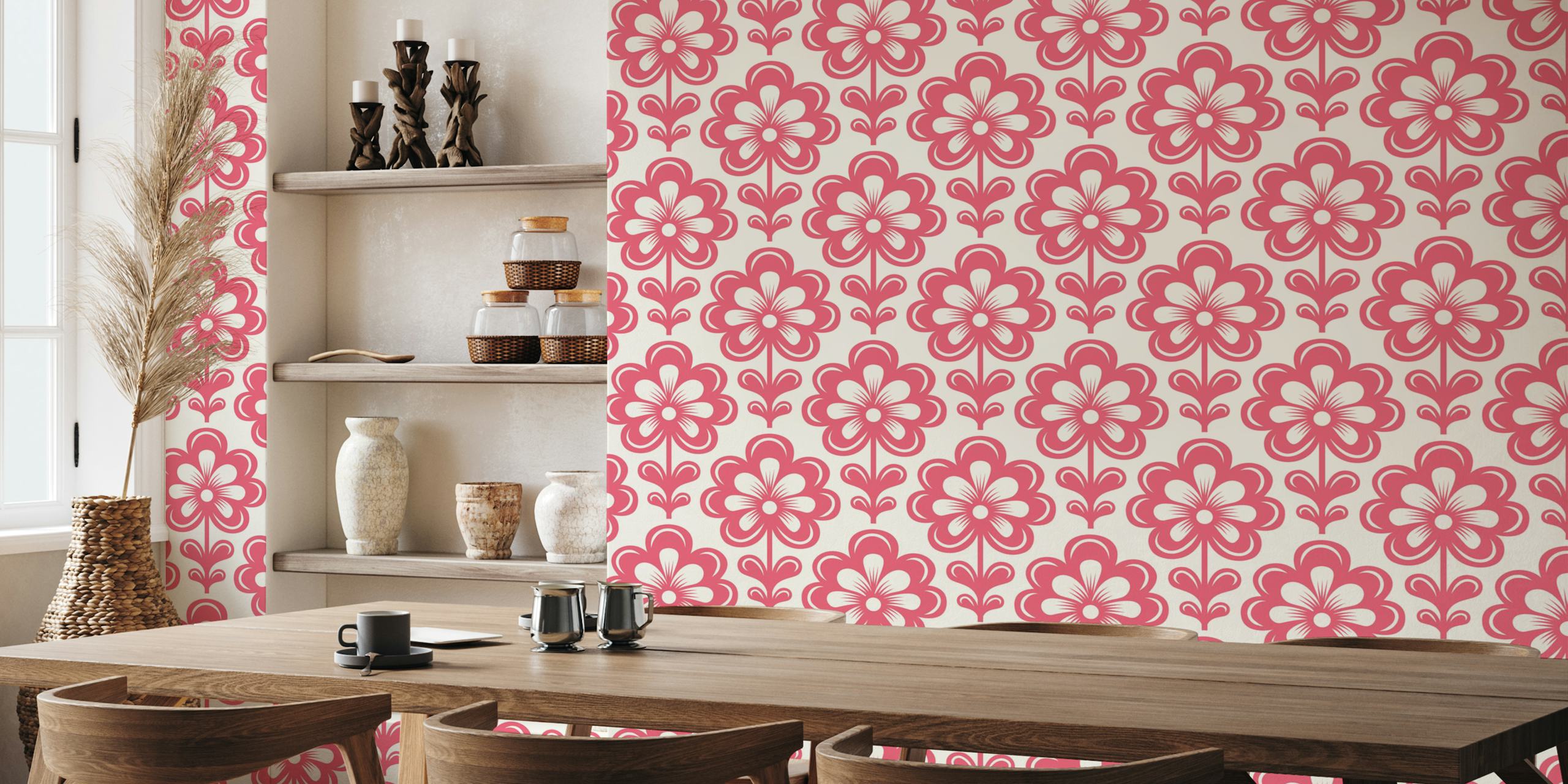 Pink retro daisies pattern on cream background wallpaper