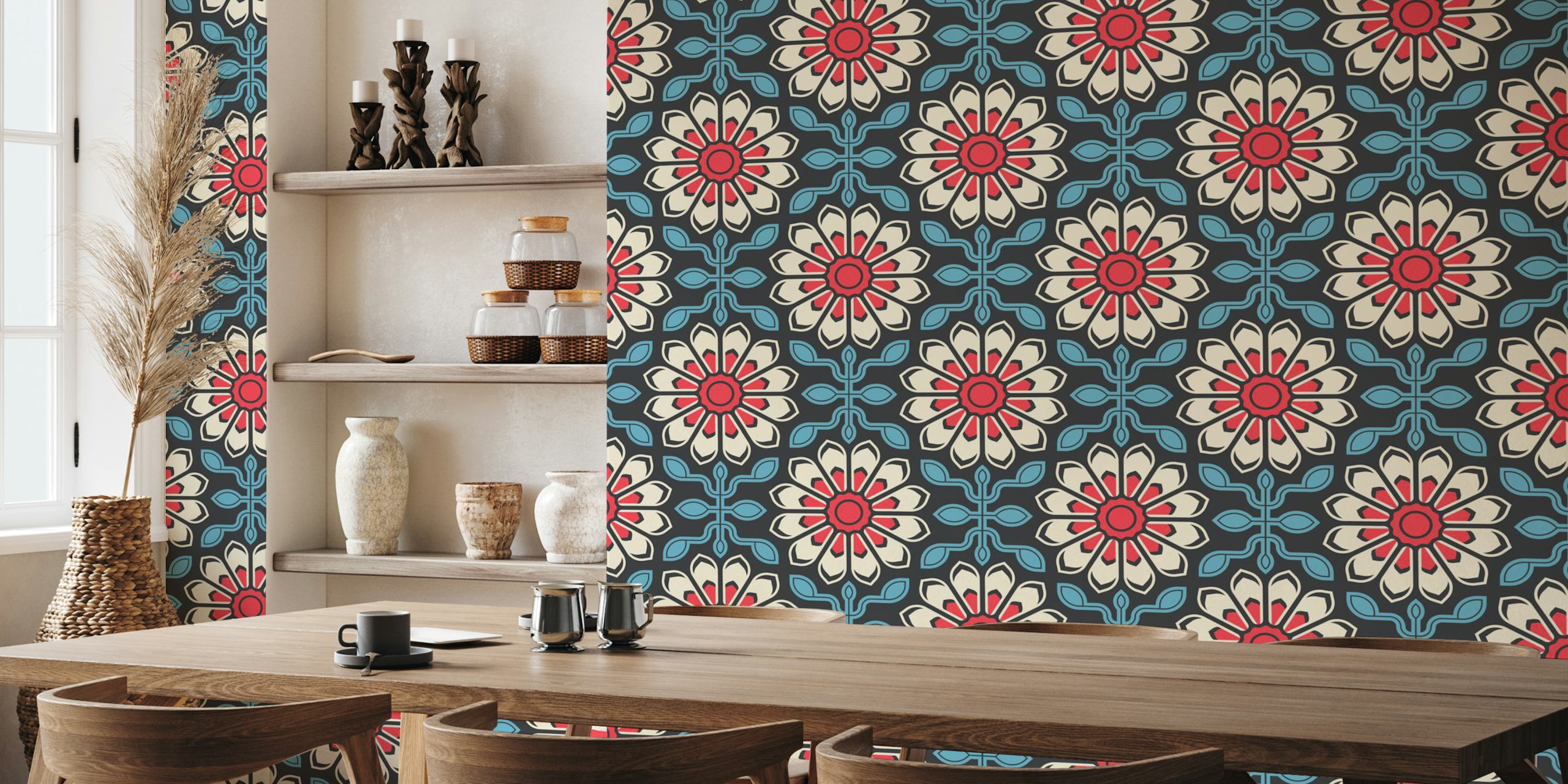 Colorful floral symmetry in blue, red, and cream wallpaper