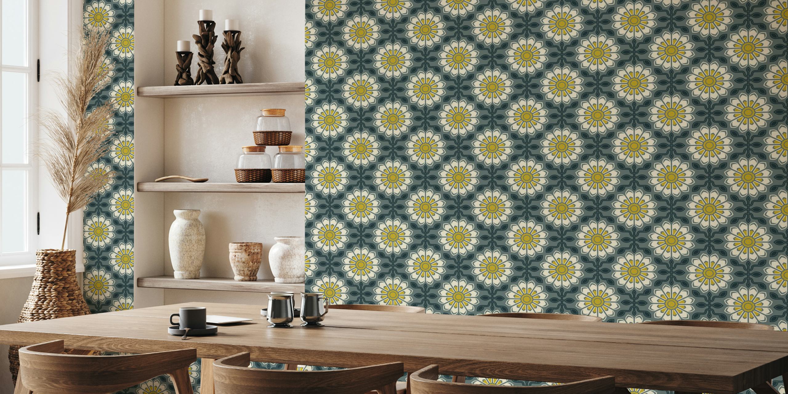 Colorful floral symmetry wallpaper in a room