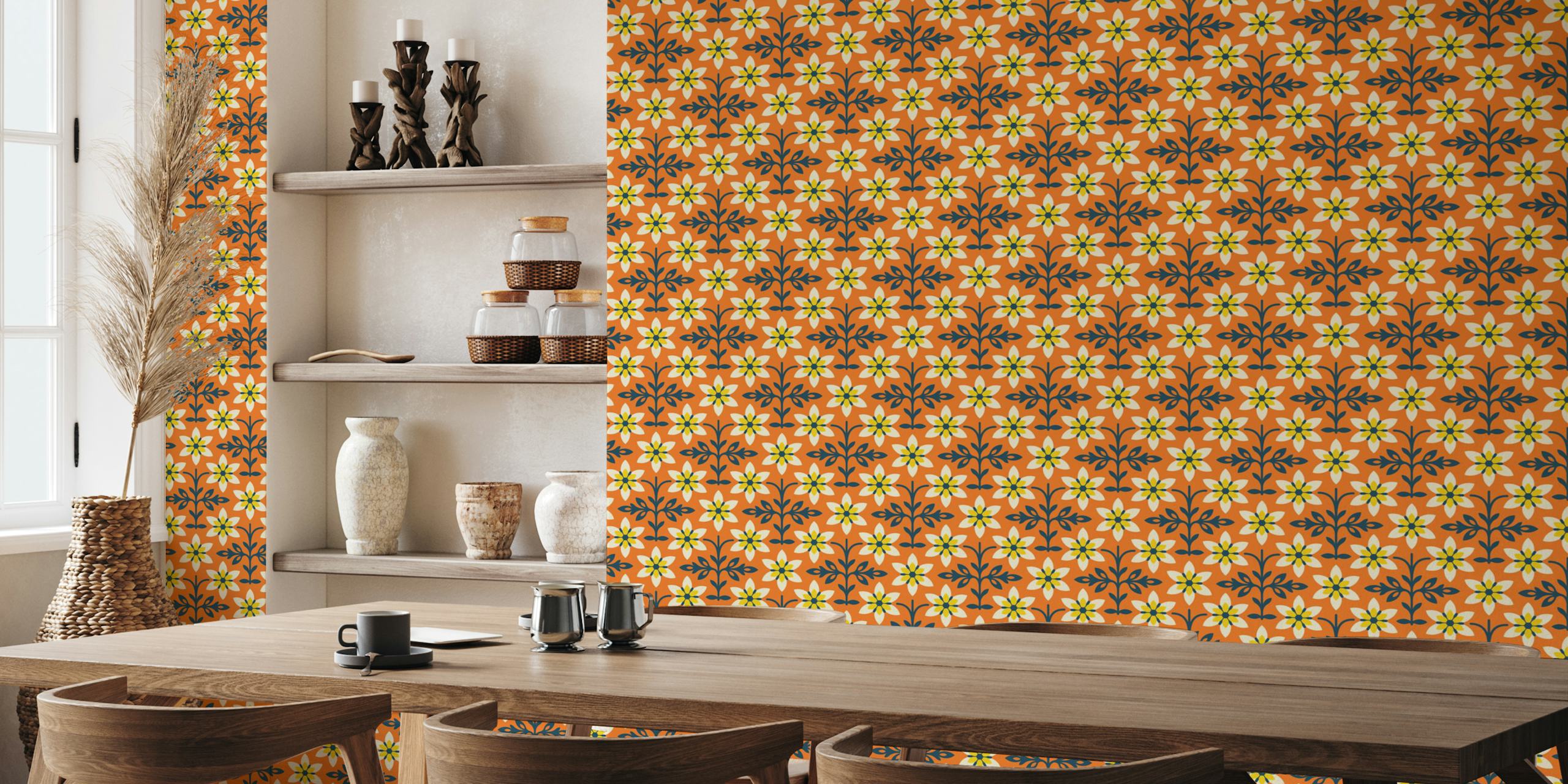 Radiant Vintage Flower Vibes in Orange design de papier peint