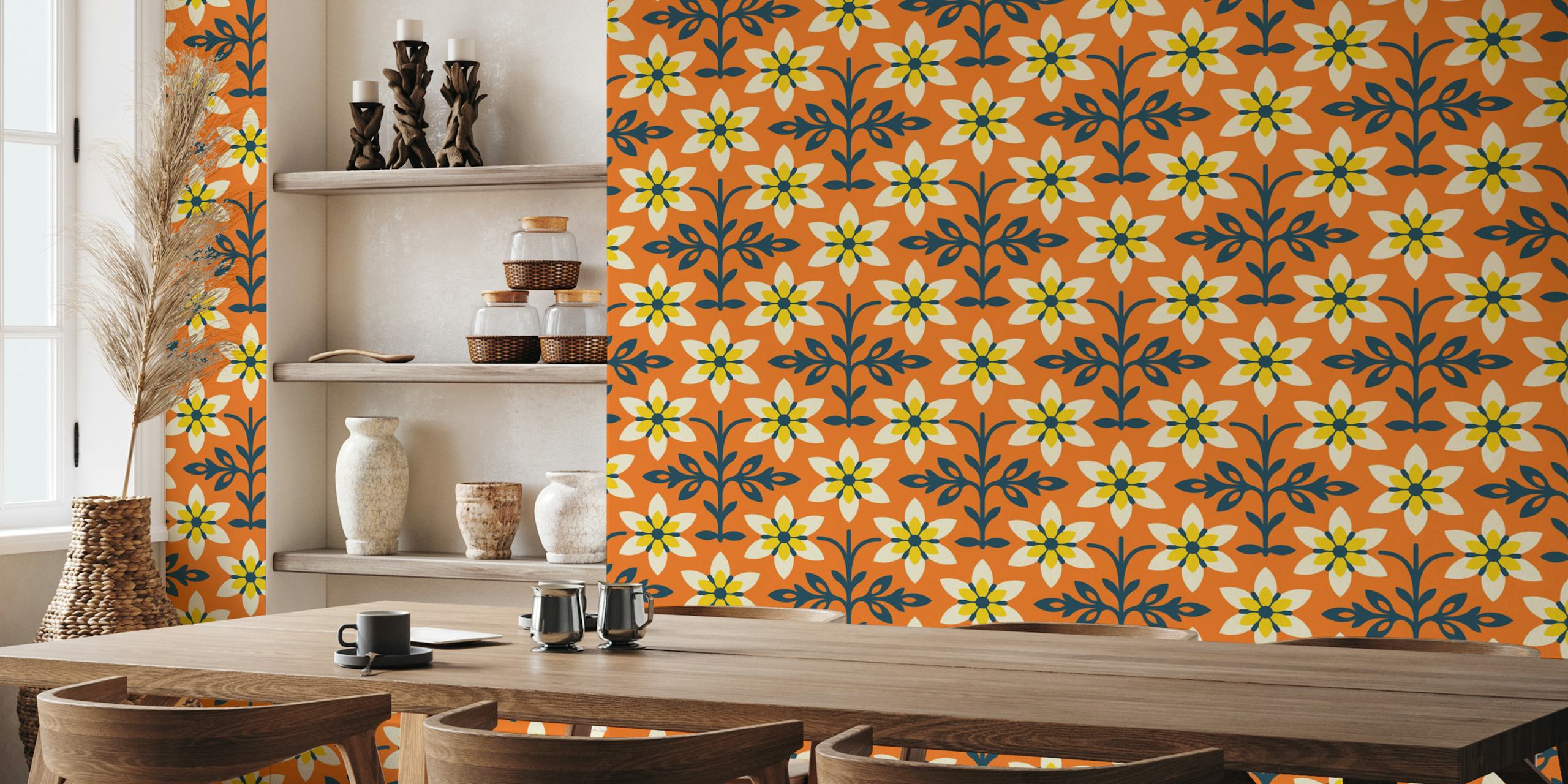 Vintage flower wallpaper in an orange room