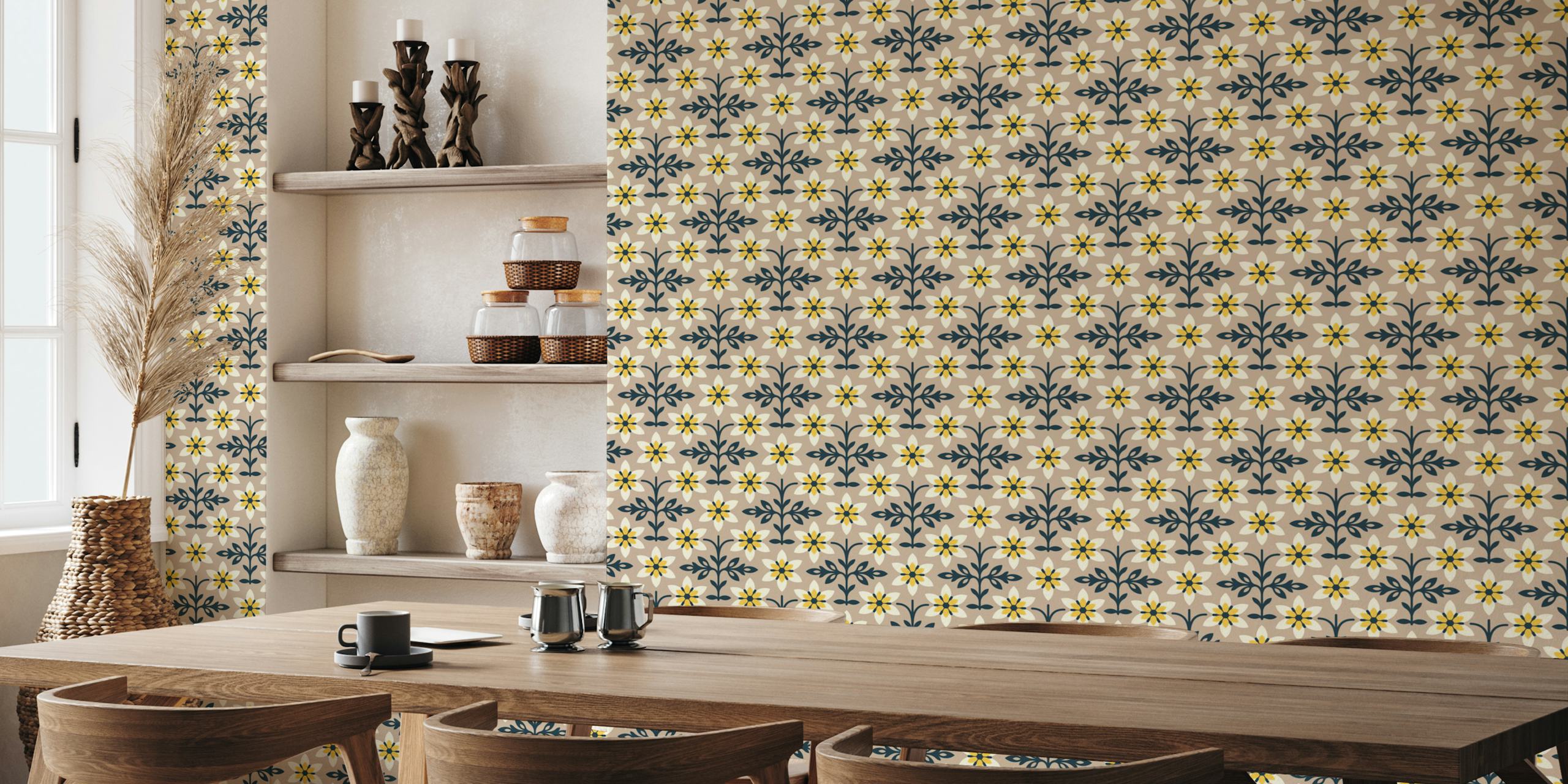 Beige floral pattern with yellow and navy blue flowers wallpaper