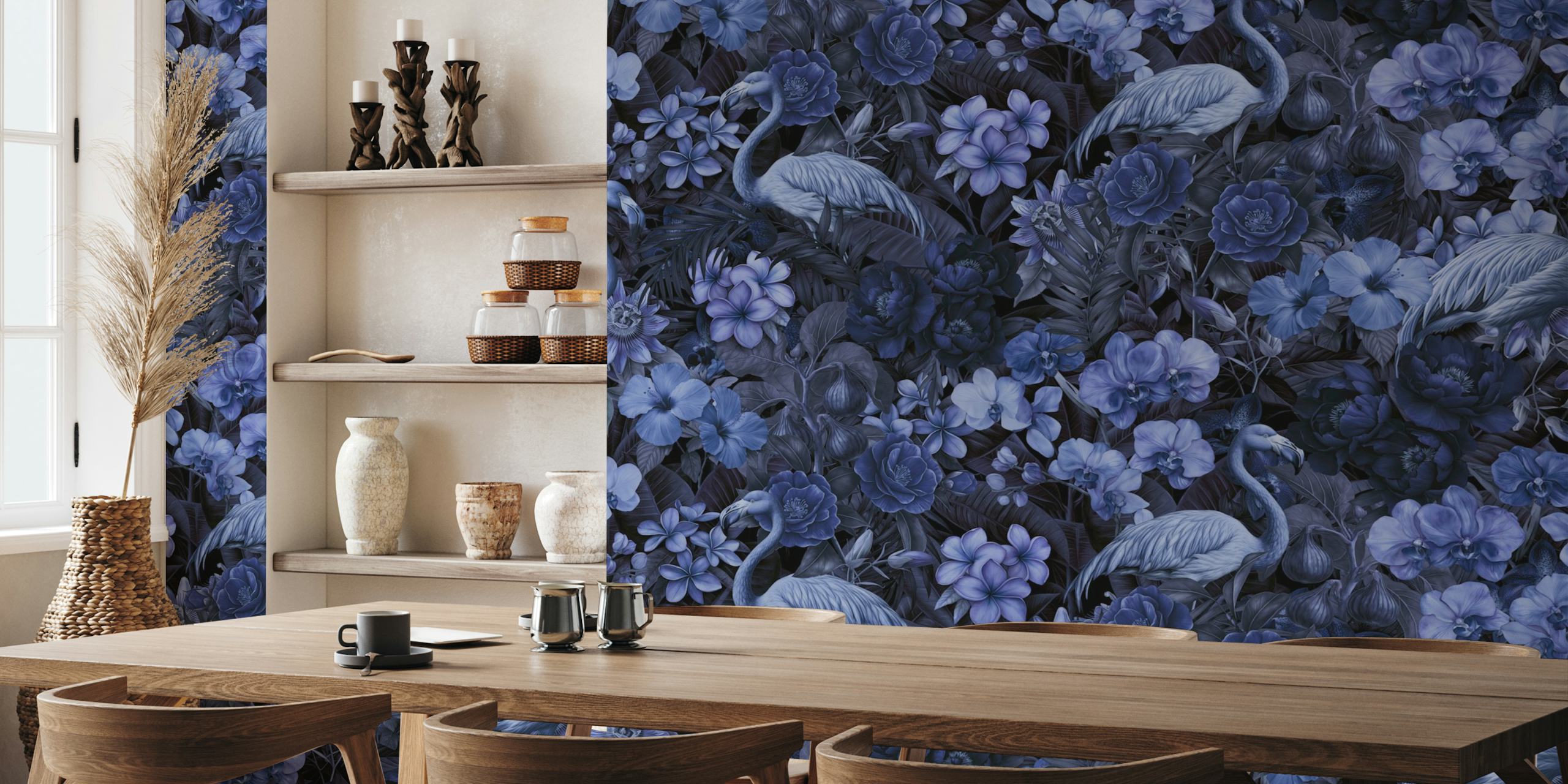 Flamingo Floral Tropical Midnight Dreamscape papel de parede na sala