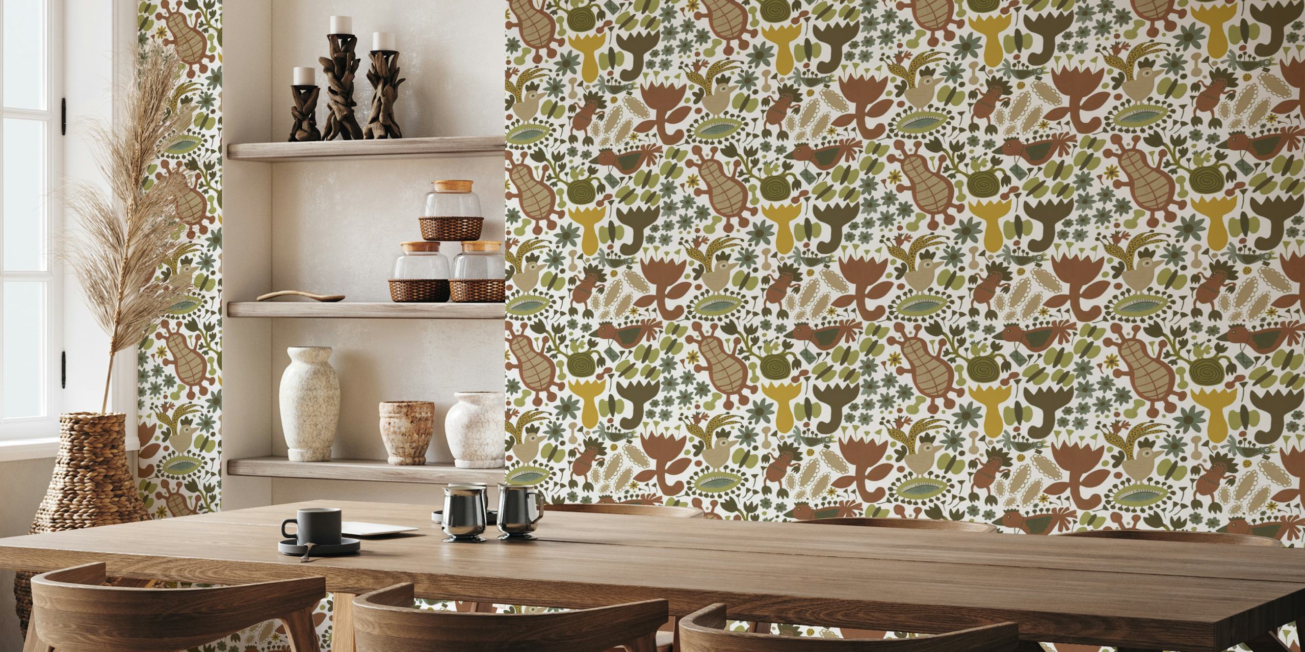 Colorful nature-themed wallpaper with animals and plants