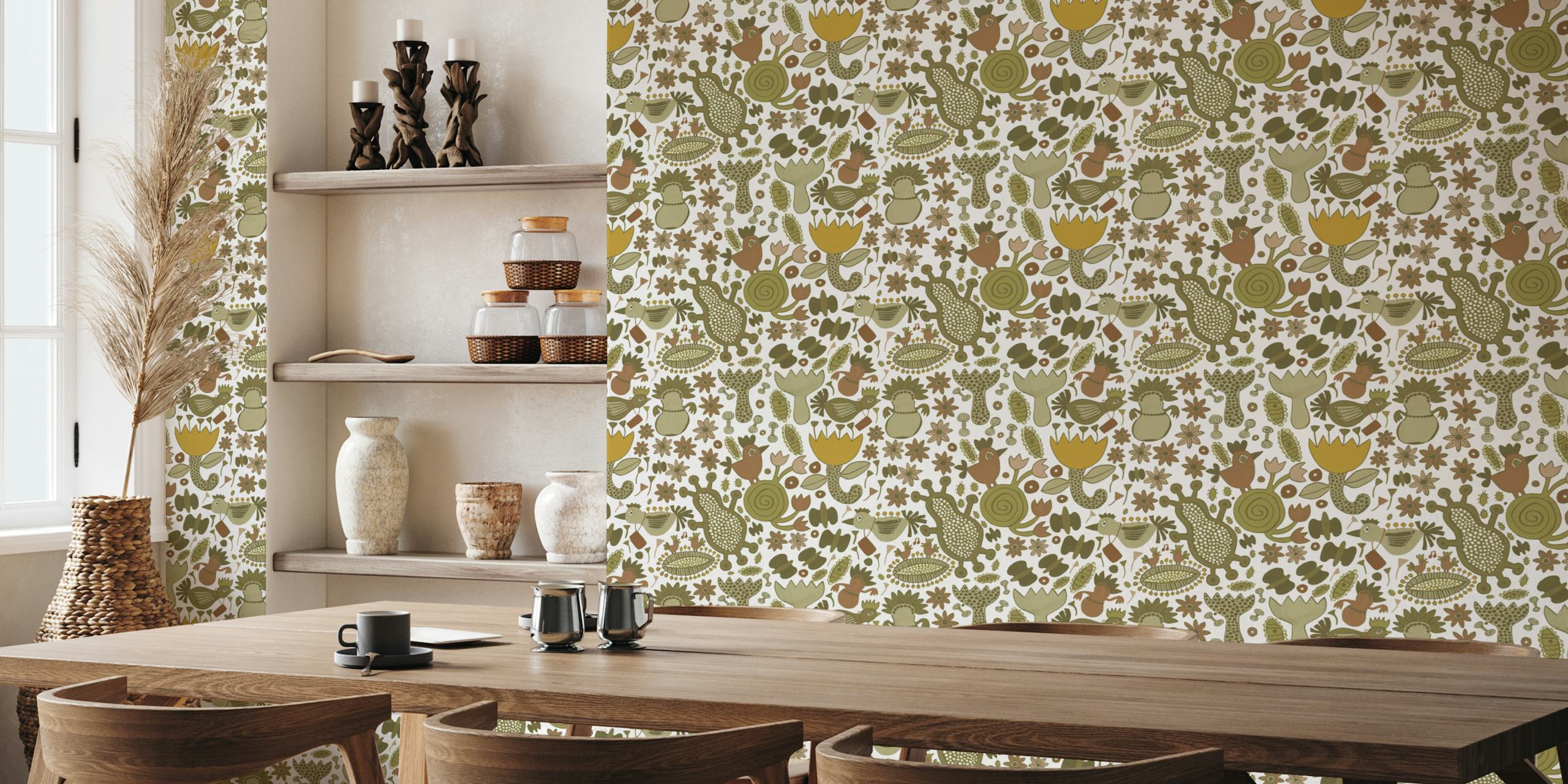 Colorful floral patterns with plants and animals on white wallpaper