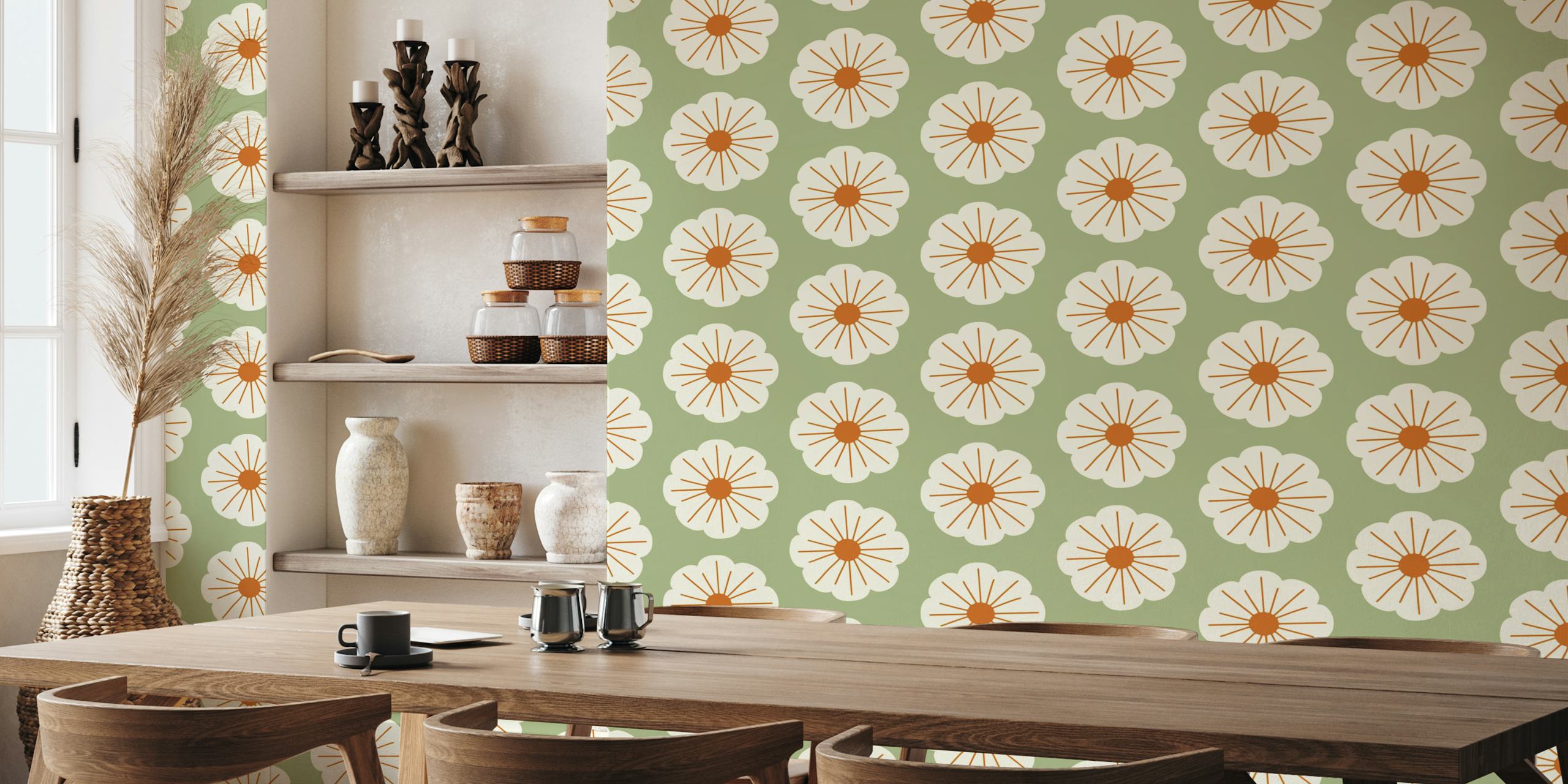 Large retro flowers in cream with brown details on sage green wallpaper