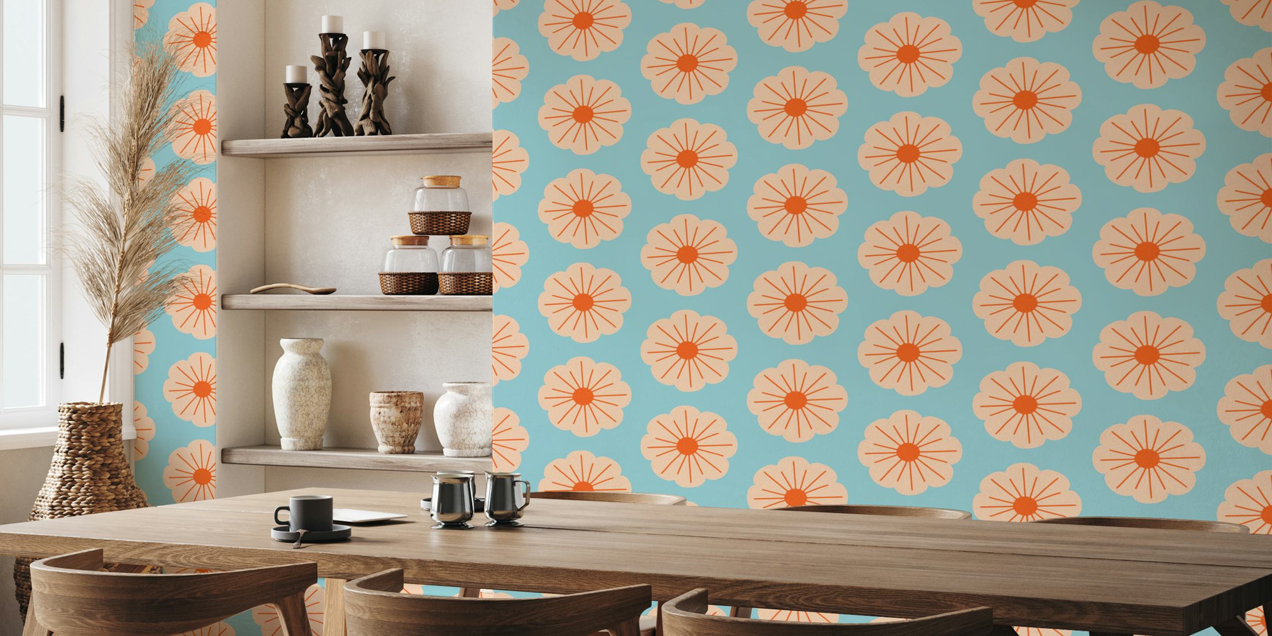 Tapeta Retro Bold Flower Blue Mid Century v pokoji