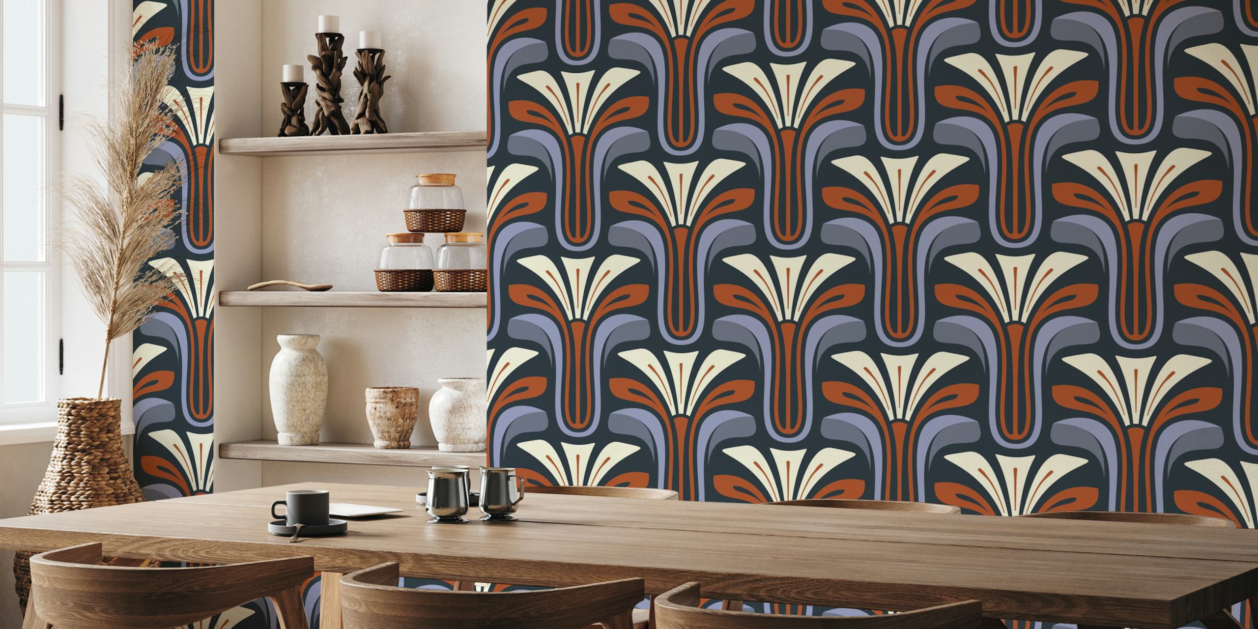 Vintage floral pattern wallpaper featuring purple and red colors