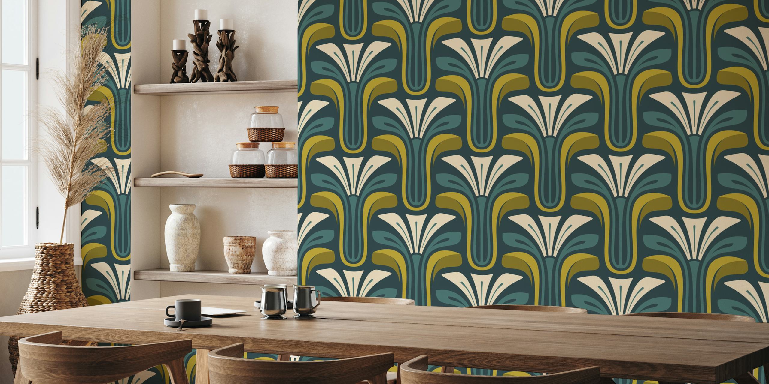 Vintage floral pattern in green and yellow colors wallpaper
