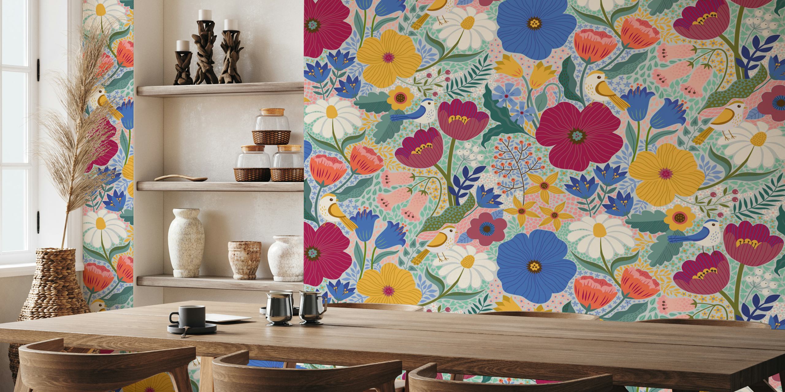 Bloemenbehang ontwerp met vogels in blauw en pruim
