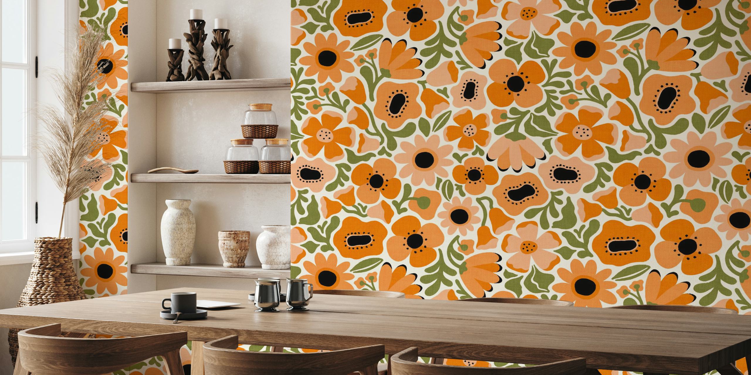Mid Mod Meadow in Tropical Orange papel de parede em um quarto