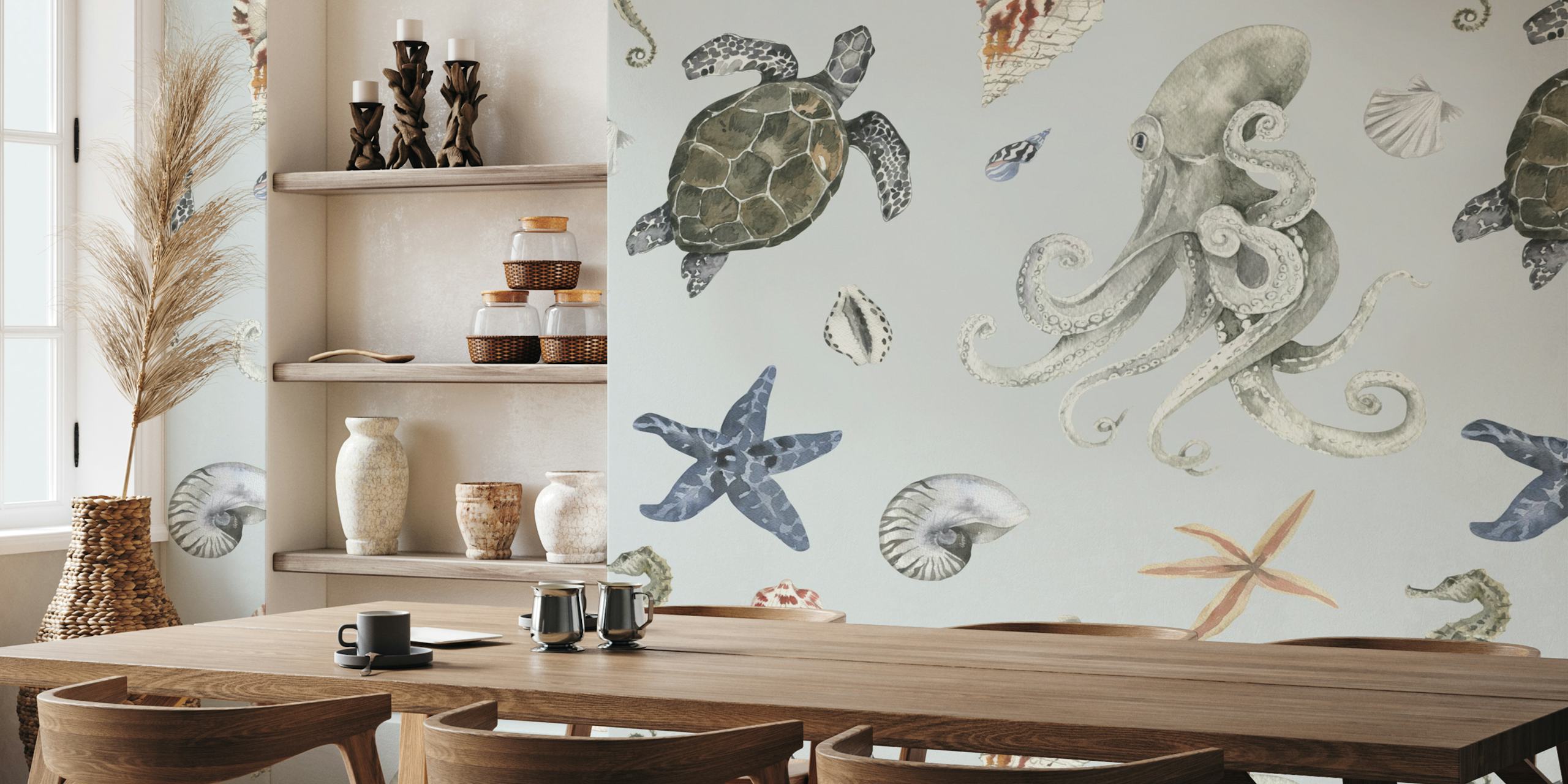 Watercolor Ocean Pattern wallpaper in a room
