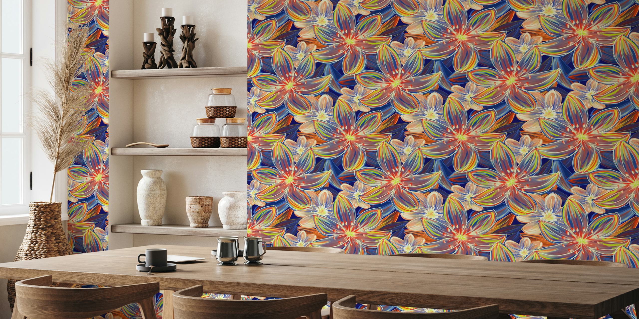 Colorful floral pattern featuring orange and blue flowers wallpaper