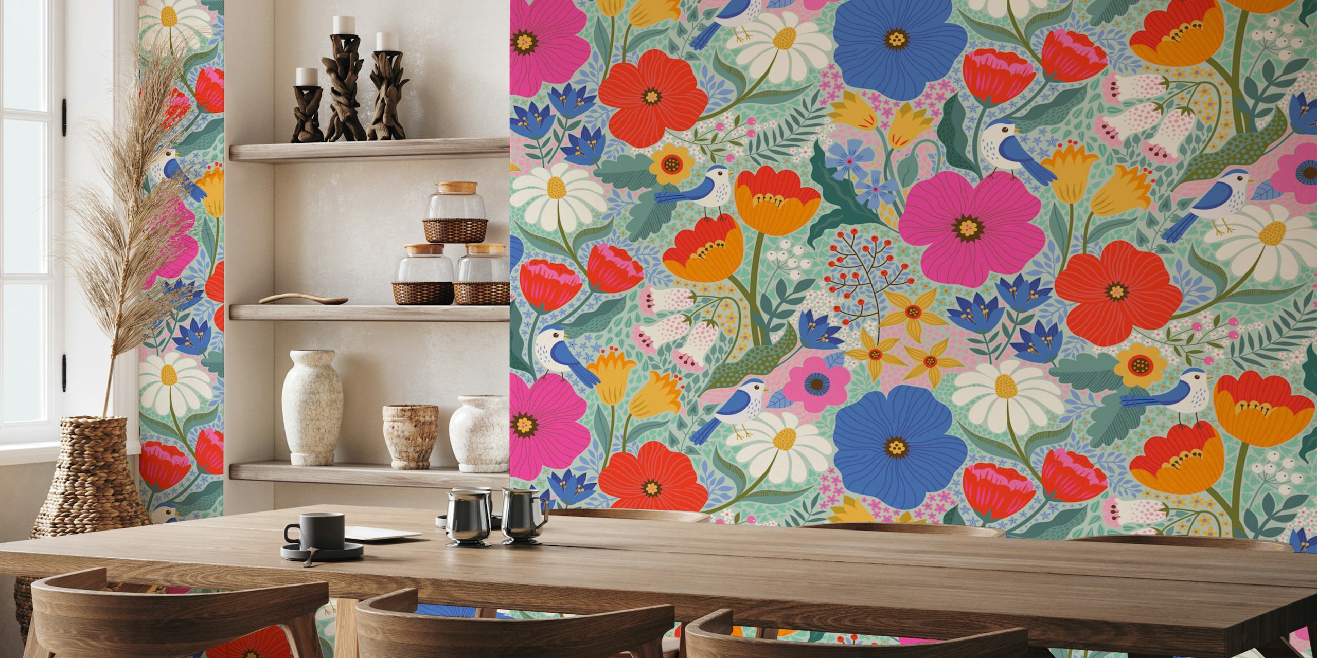 Floral wallpaper with birds in a colorful design