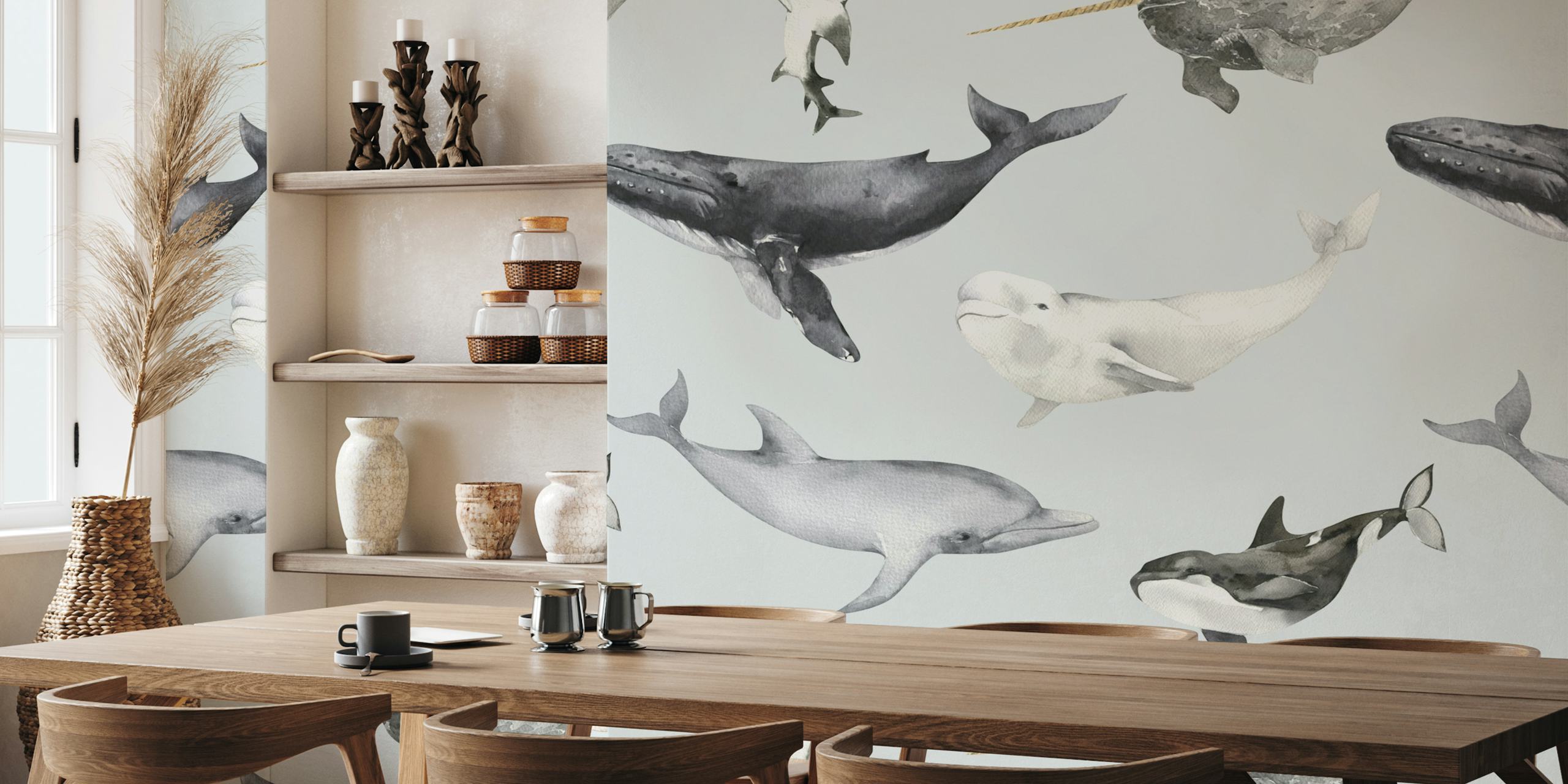 Whale and dolphin illustrations in gray tones on a light background wallpaper