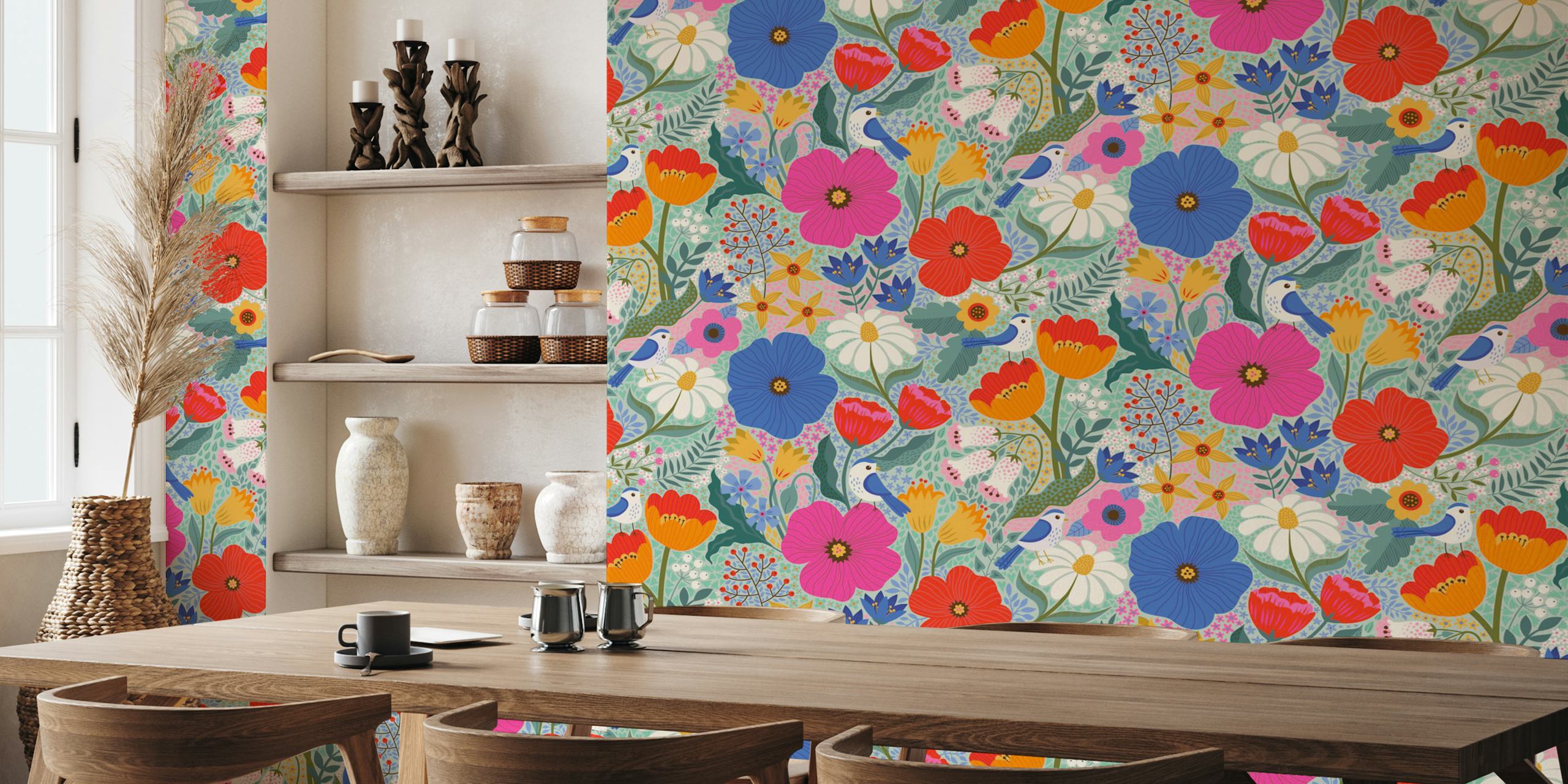 Maxi Summer Floral papel tapiz con aves y flores