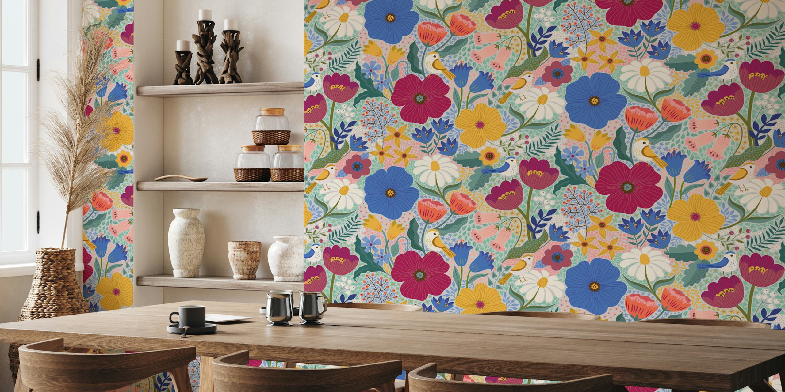 Colorful floral pattern with birds and bold flowers wallpaper