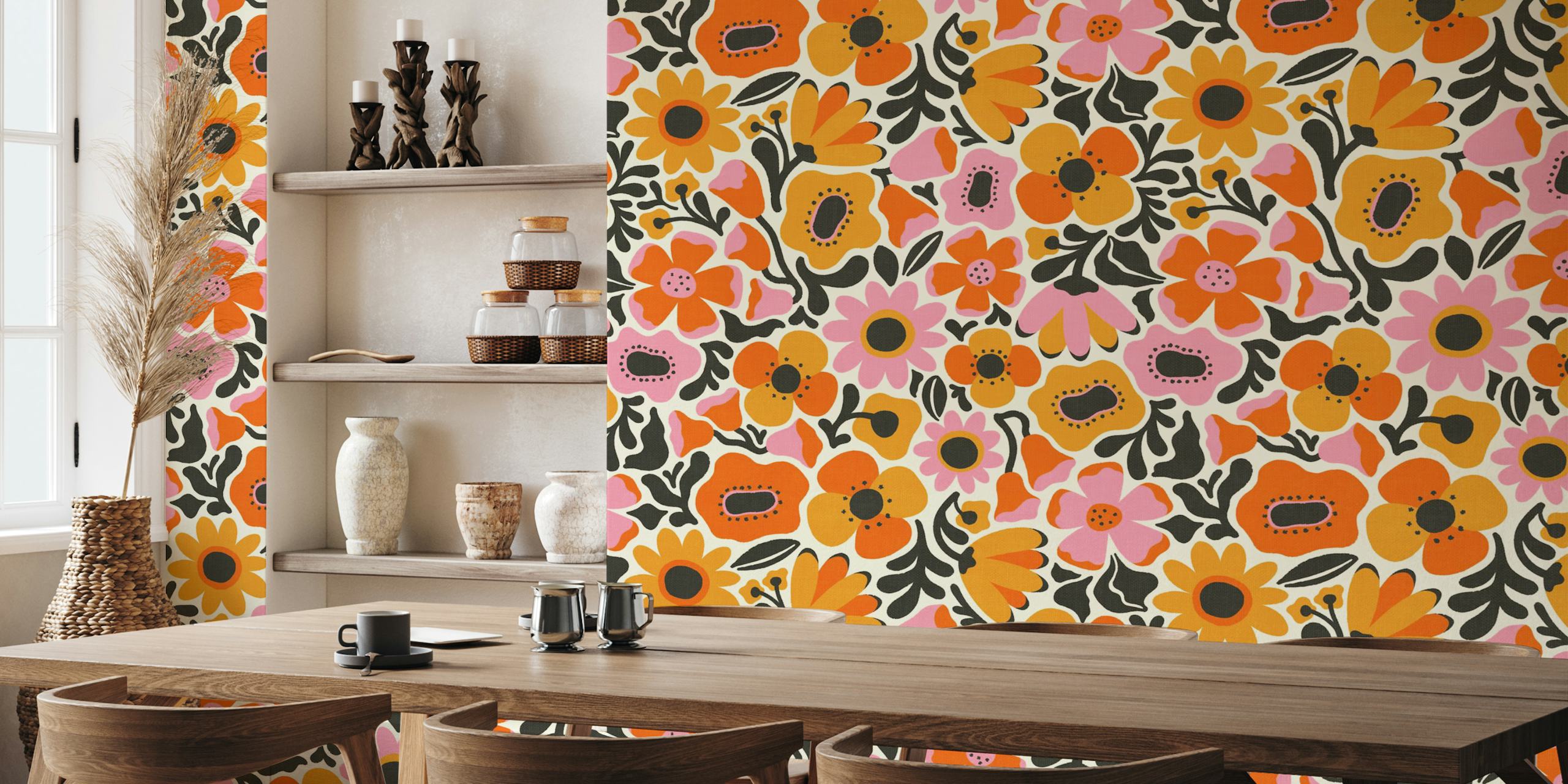 Mid Mod Meadow in Pink and Orange wzór tapety