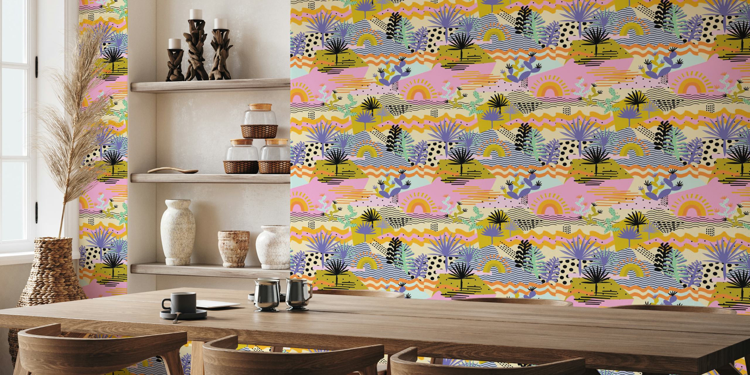 Colorful tropical palm pattern with pink, orange, blue, and green wallpaper