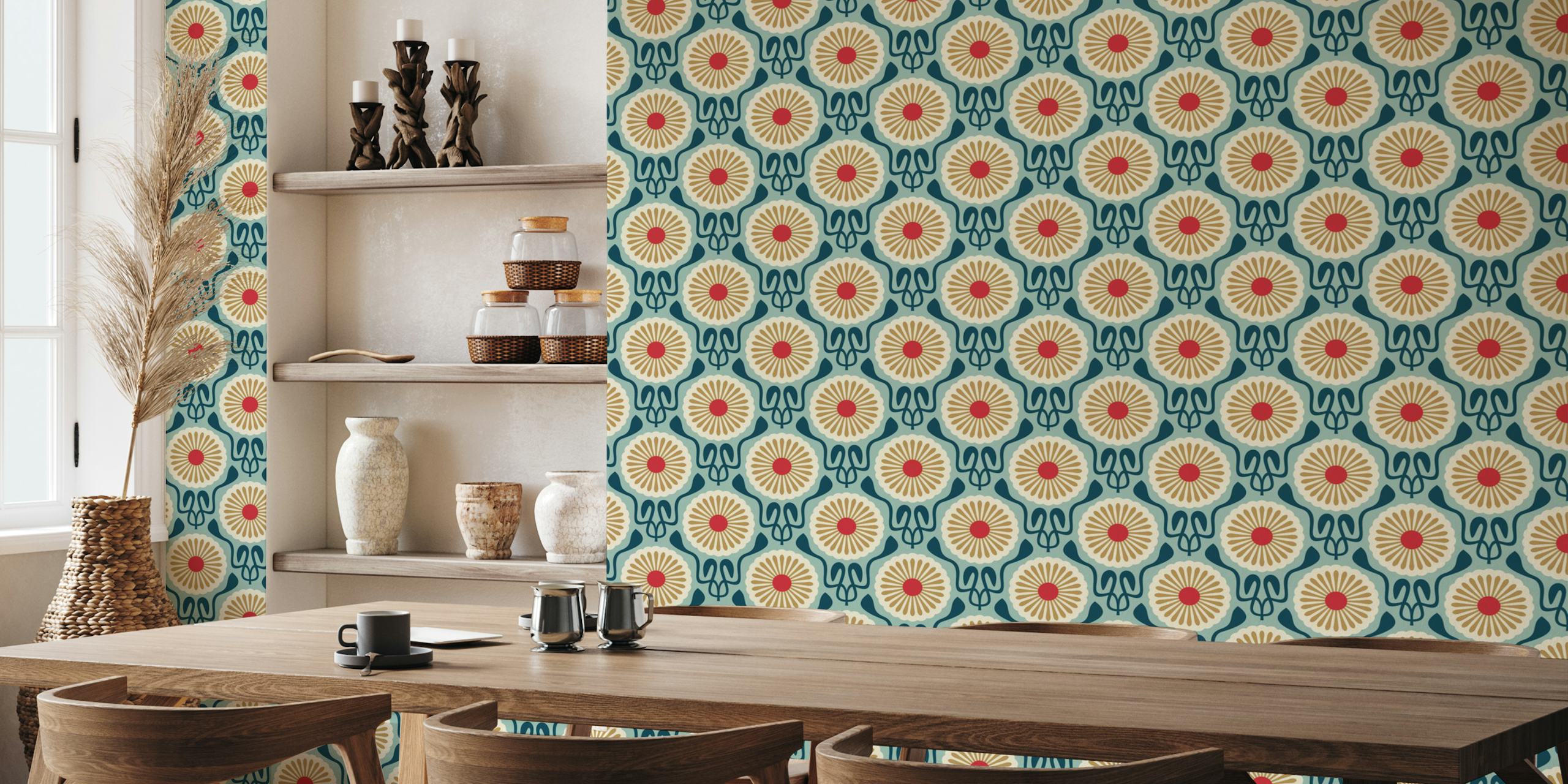 Daisy flowers with teal and gold colors in vintage style wallpaper