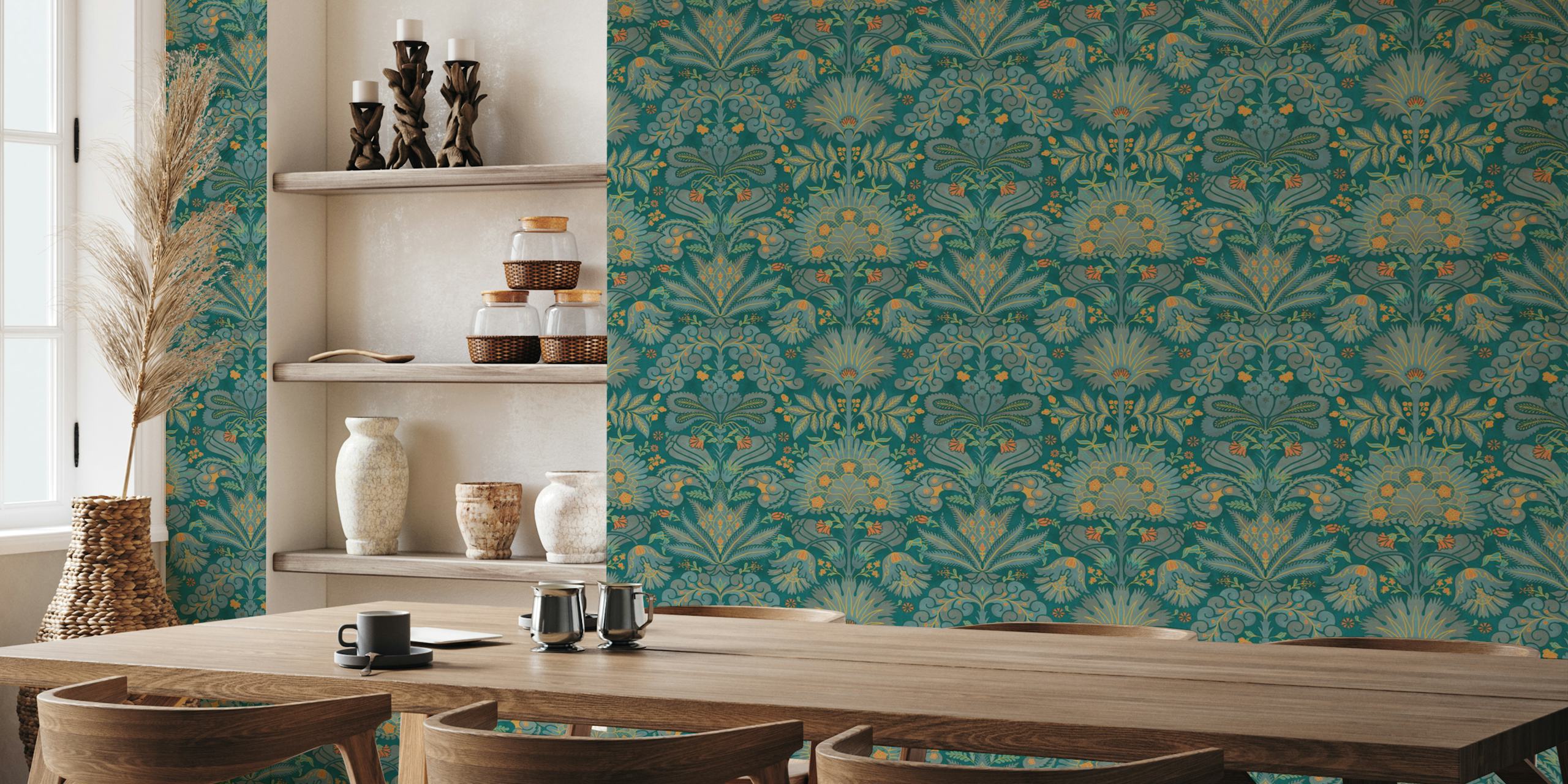 Teal floral damask pattern wallpaper with orange accents