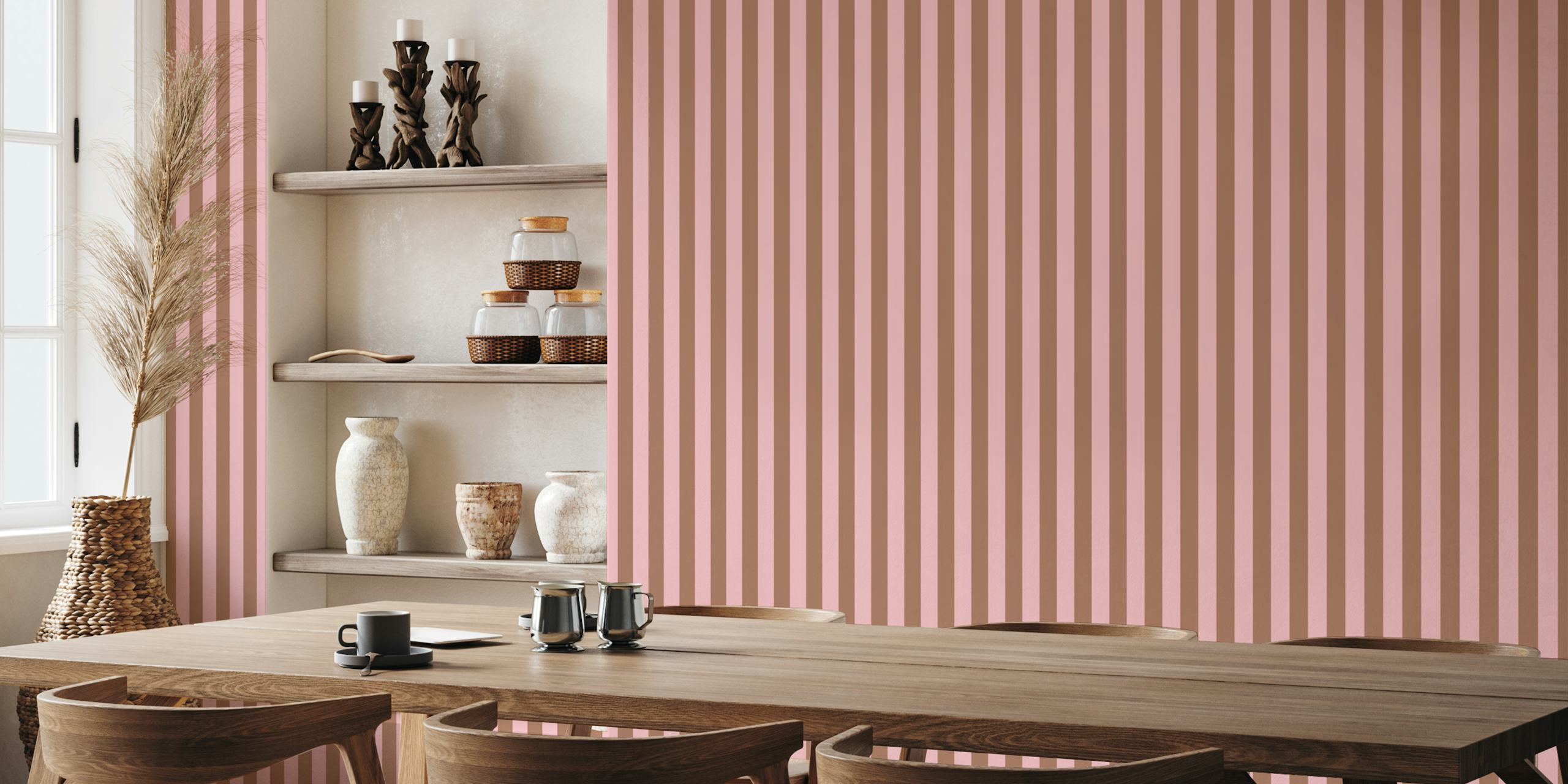 Narrow Vertical Stripes Mocha Brown and Pink tapeta