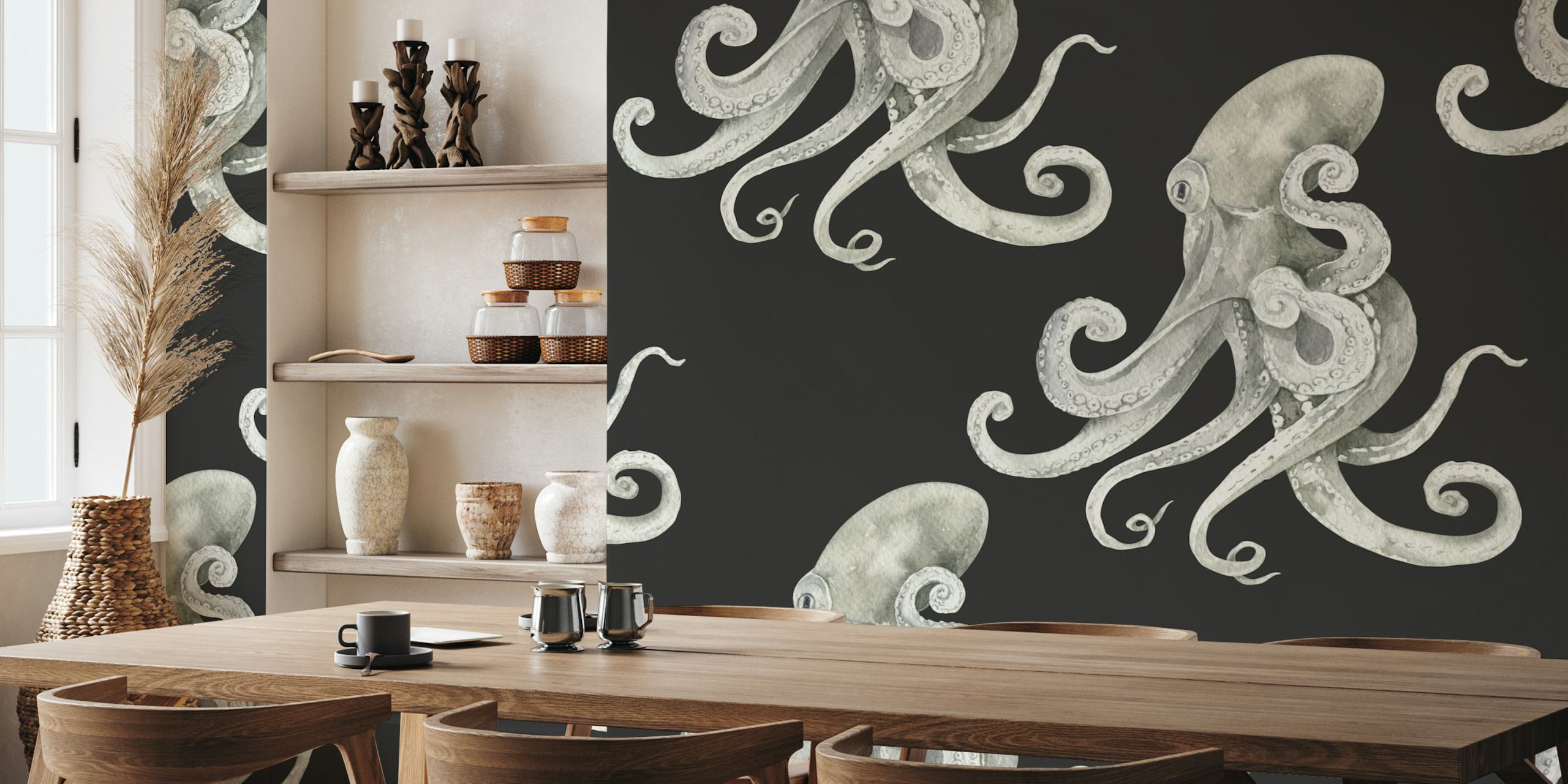 Black and white octopus illustrations on dark background wallpaper