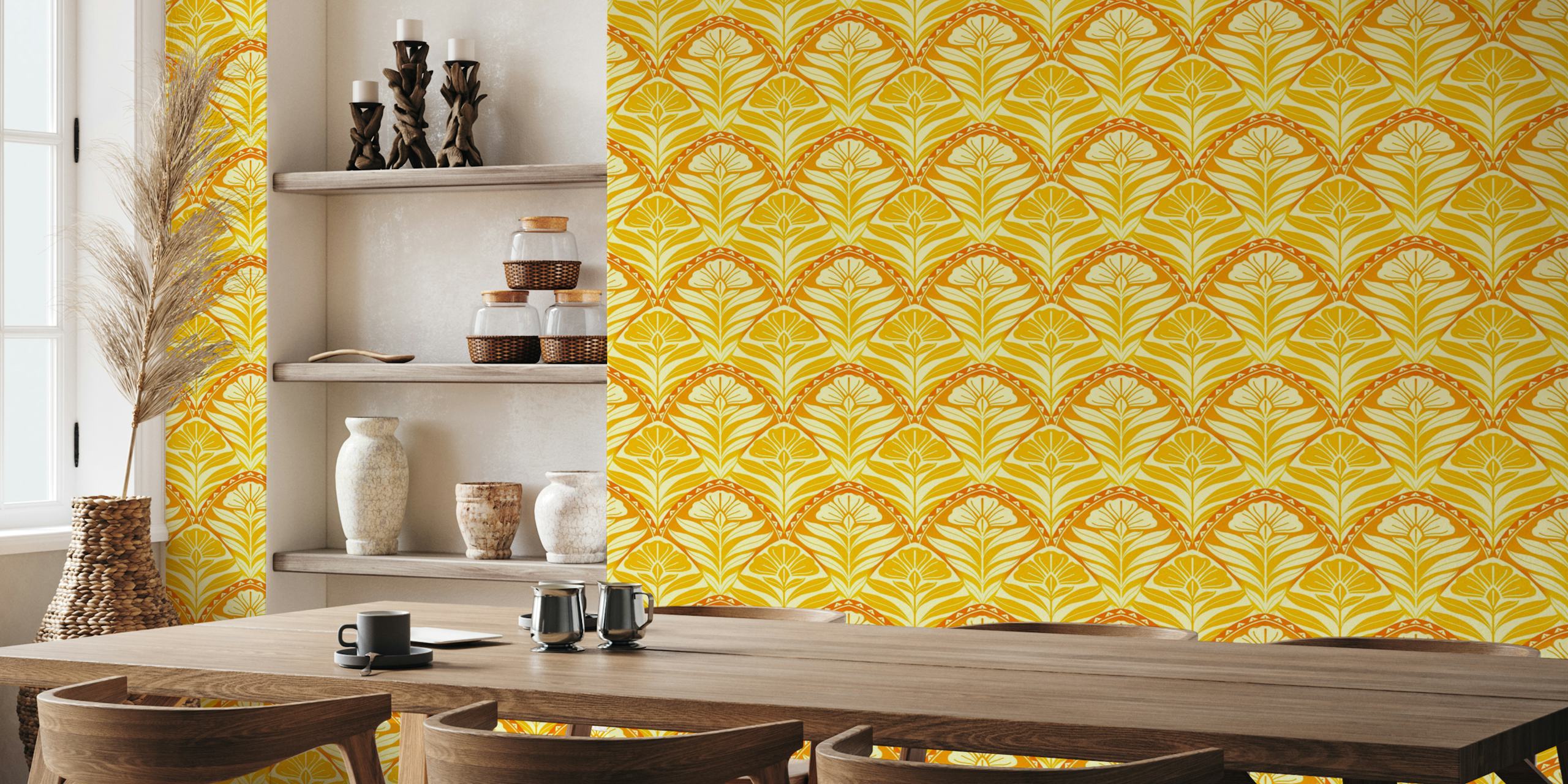 Yellow floral art deco wallpaper with bold designs and geometric shapes