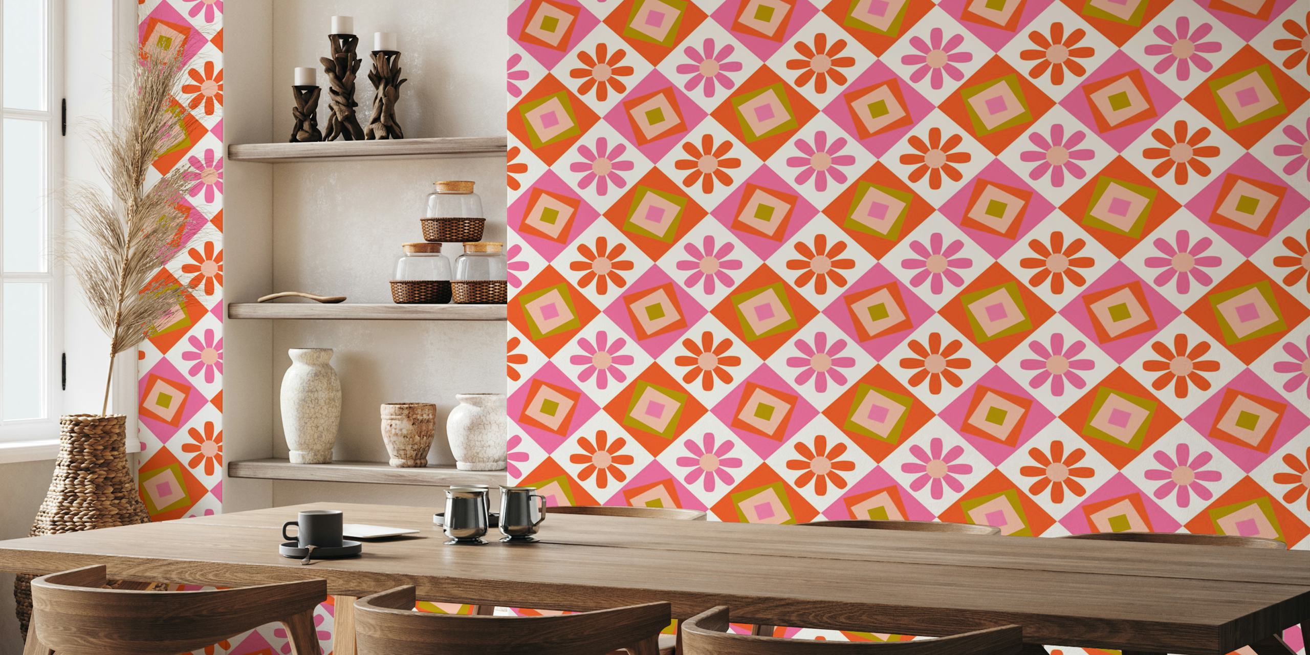70s geometric wallpaper in pink and orange colors