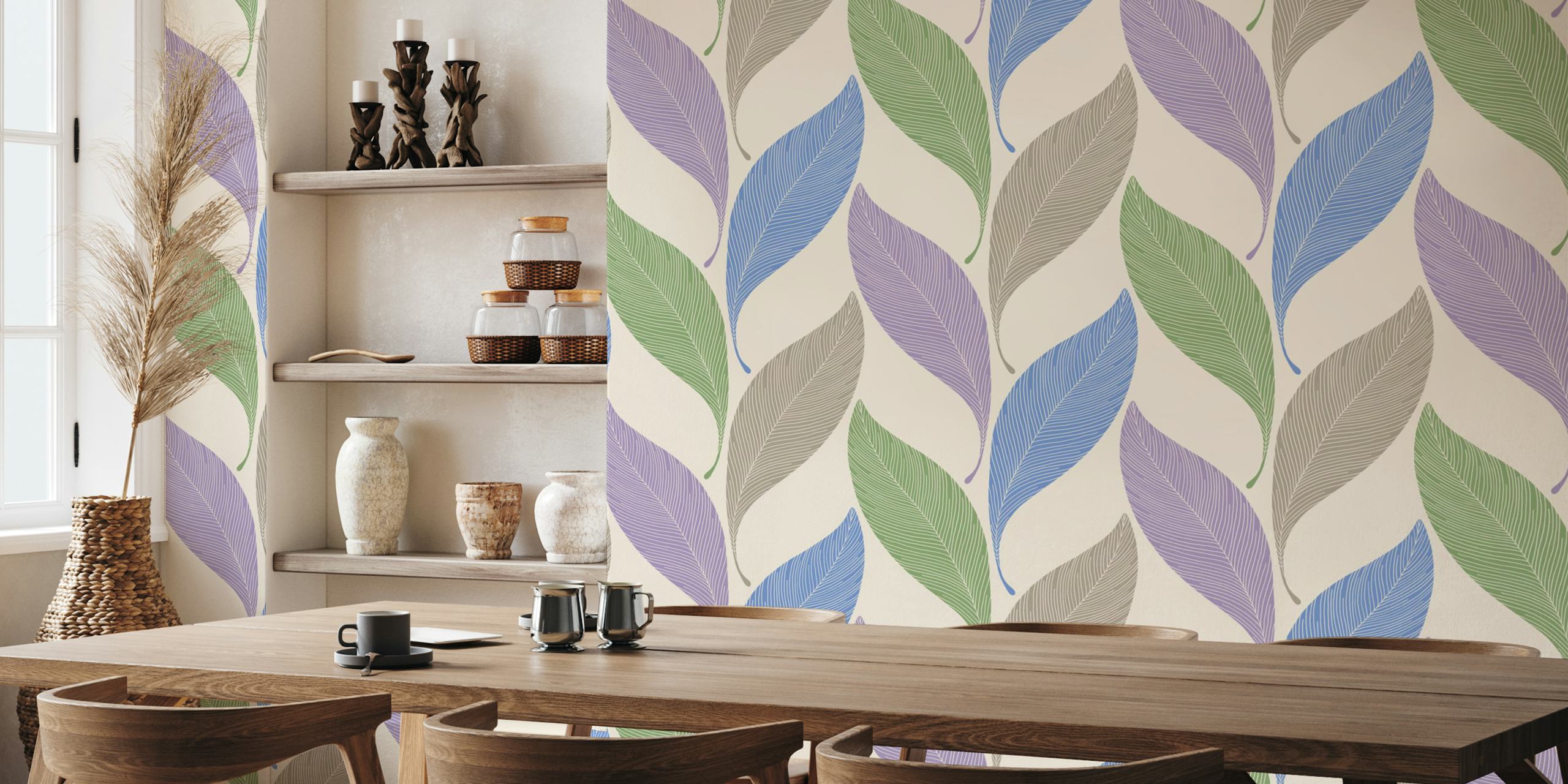 Chevron leaves in purple, blue, and green on light background wallpaper