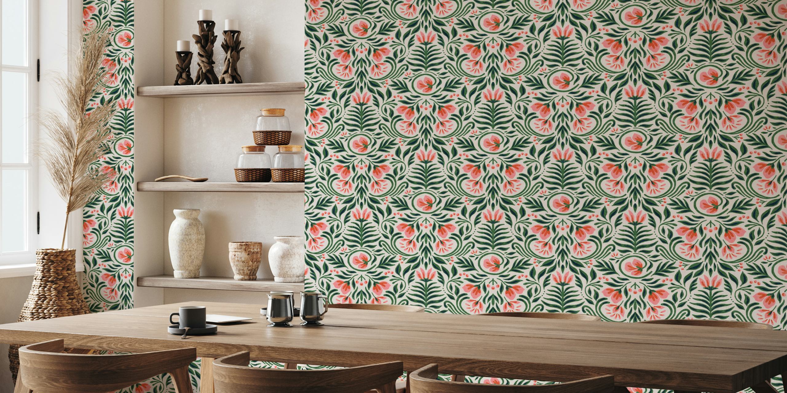 Hortense green and pink floral wallpaper in a room
