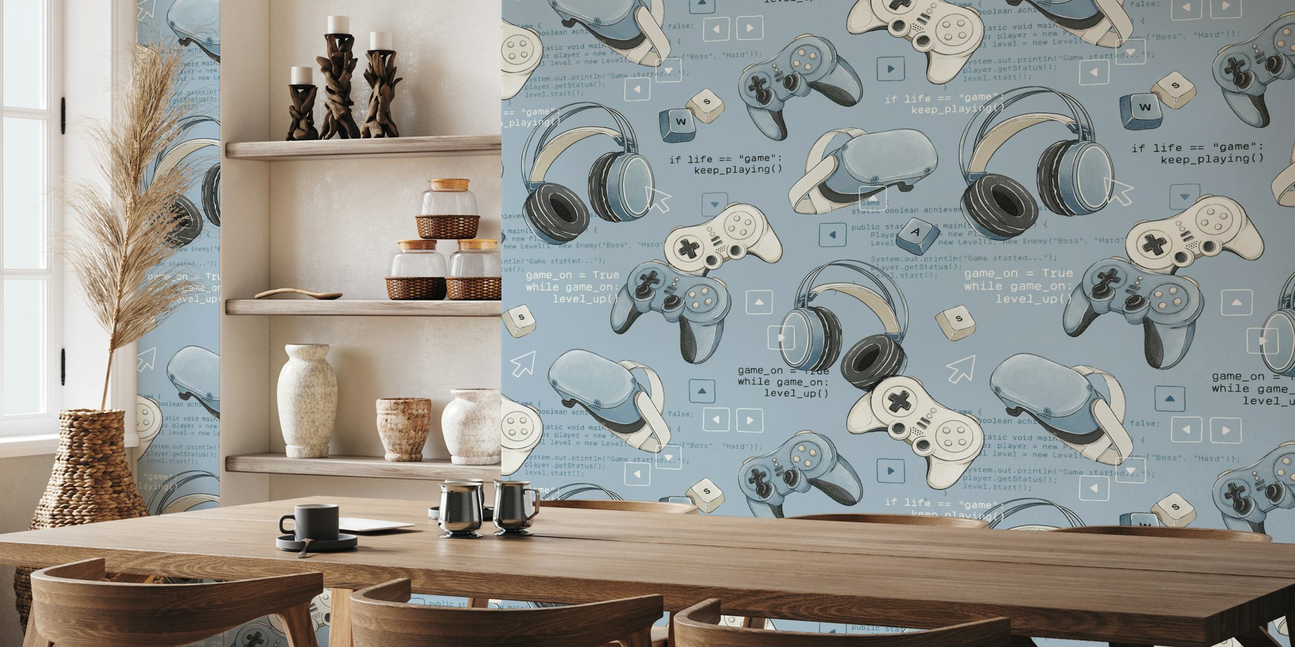 Gaming themed blue wallpaper in a room
