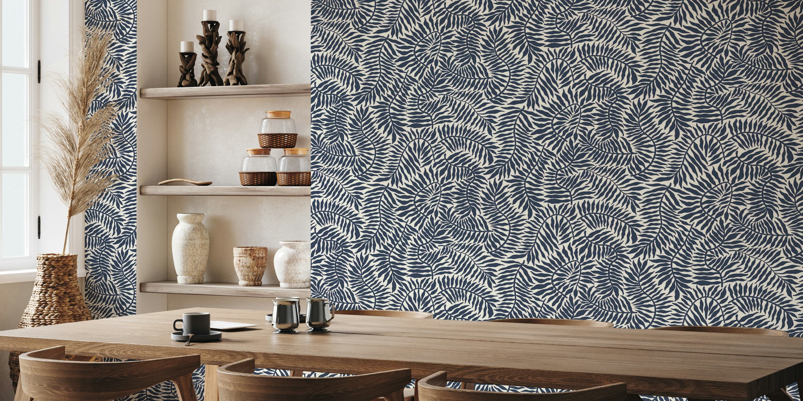 Tapeta Dark Navy Blue Ferns w pokoju