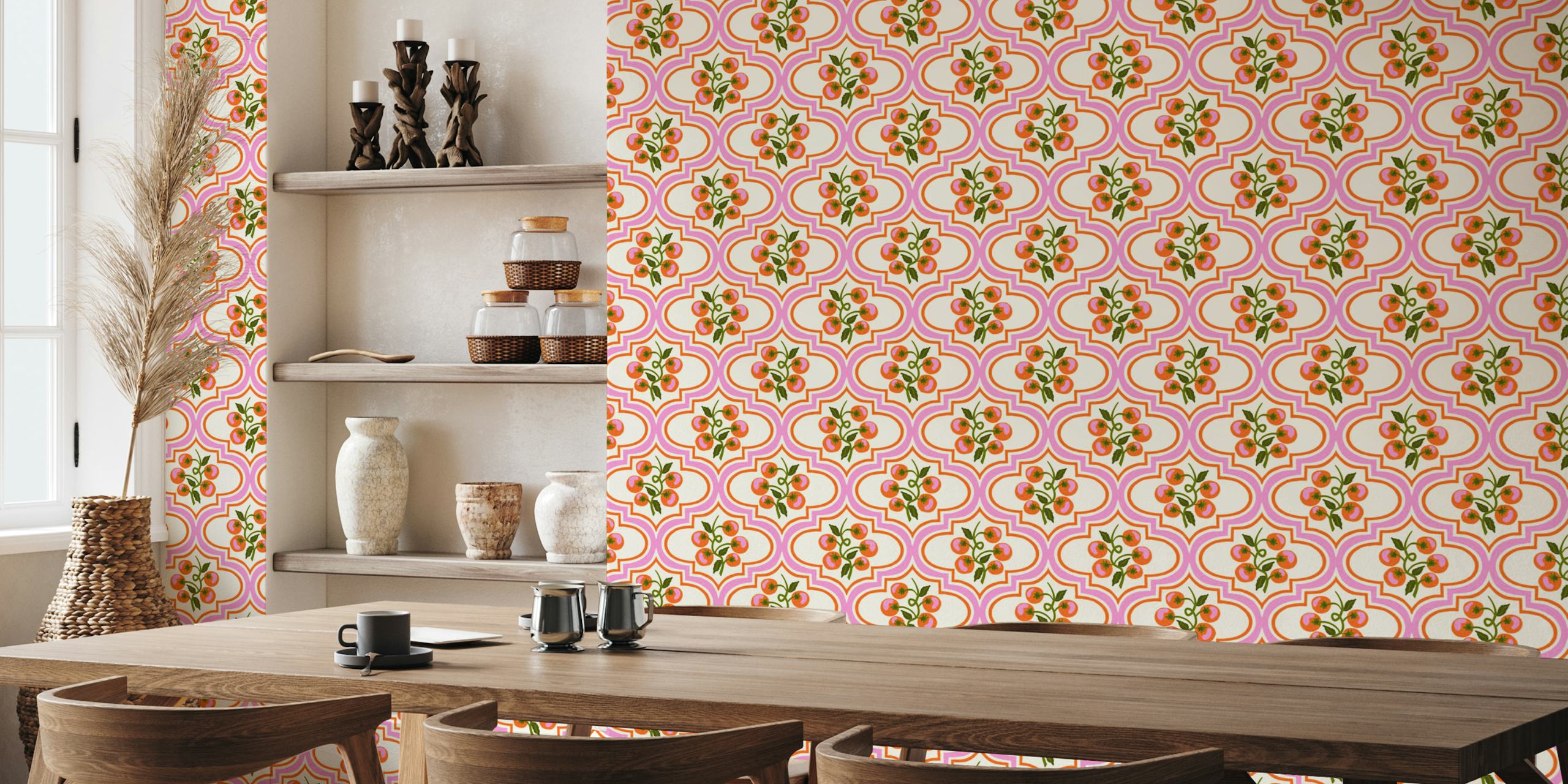 Papel de parede Red Tomato Vine Vintage Ogee em um cômodo
