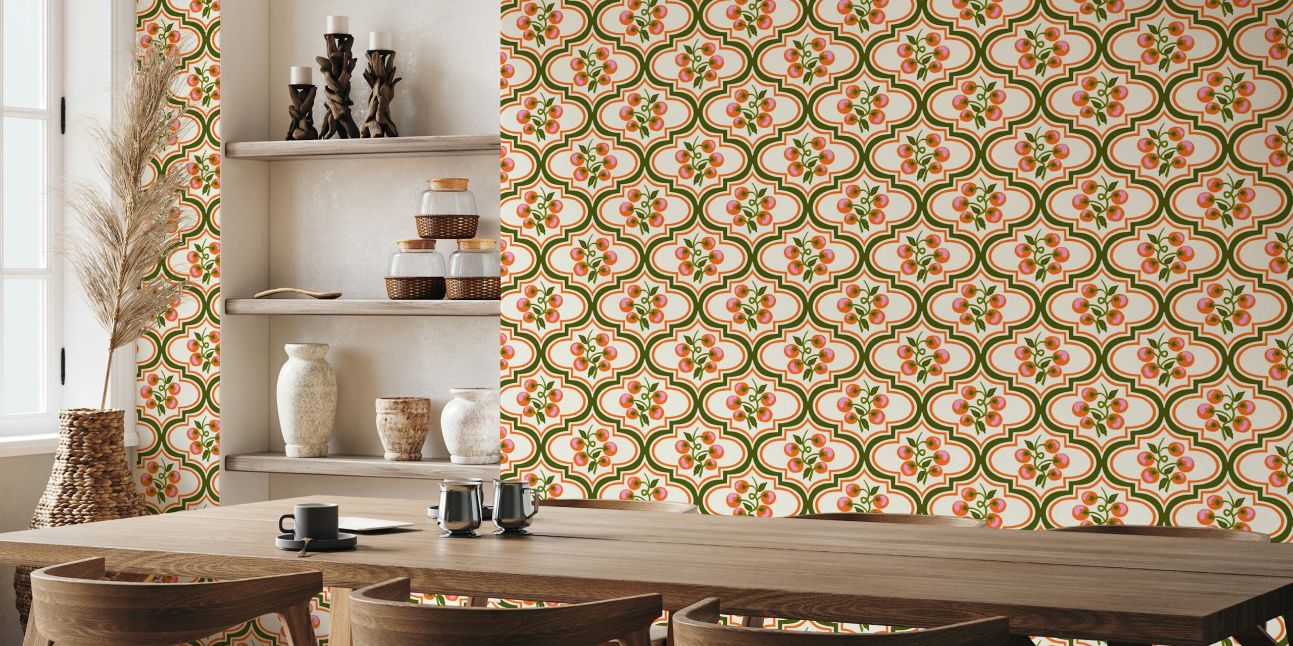 Vintage tomato vine design in green, orange, and cream wallpaper