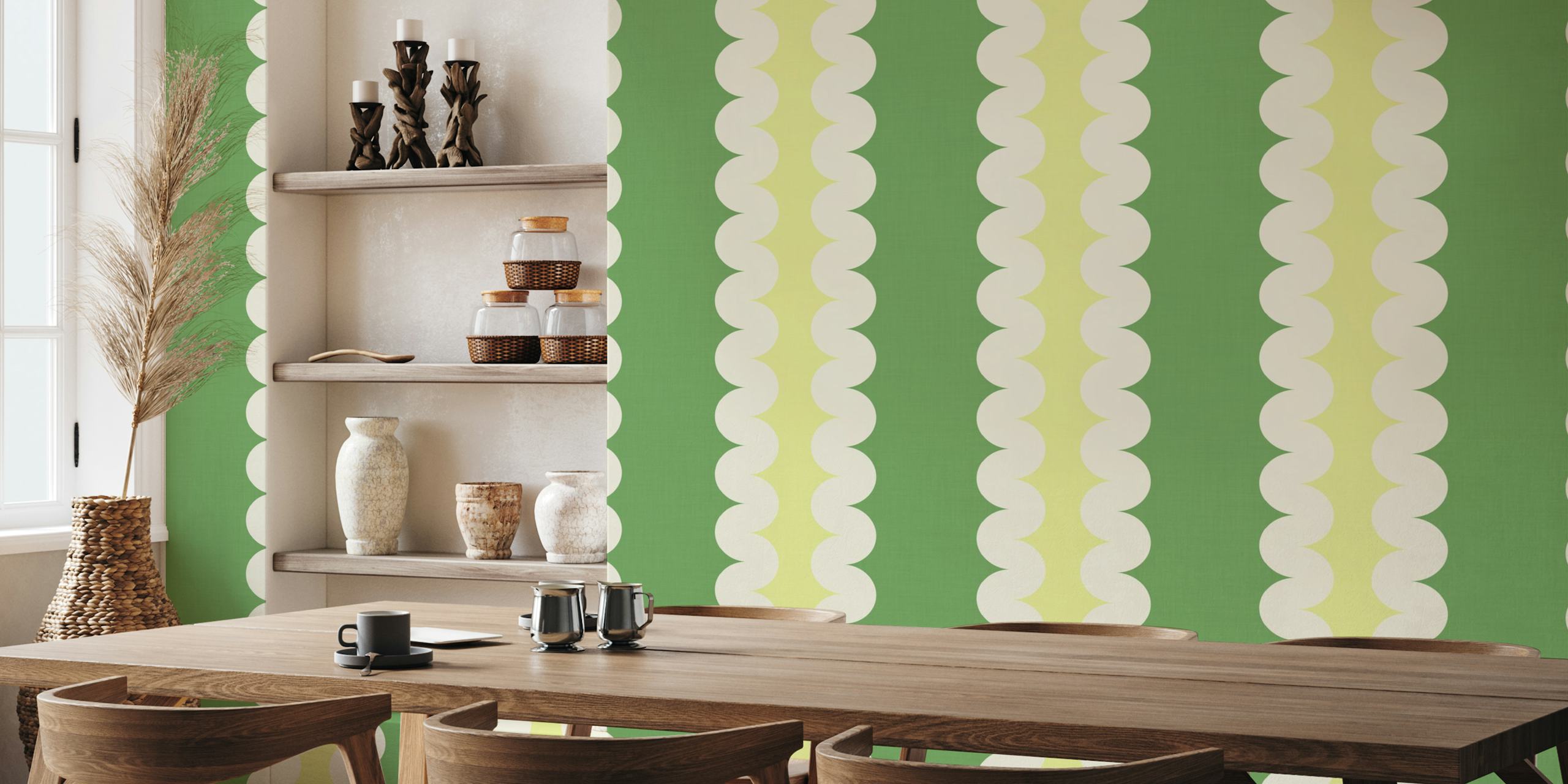 Scalloped stripe pattern in green and yellow wallpaper