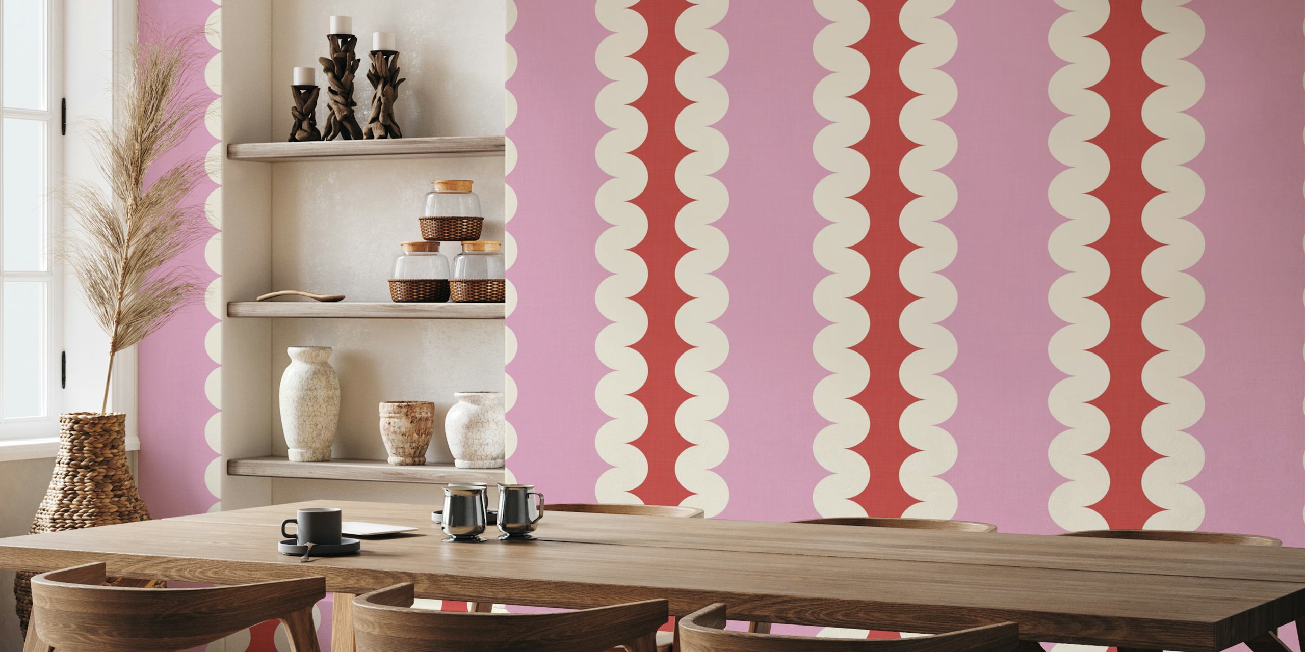 Scallop stripe pattern in pink, red, and cream wallpaper