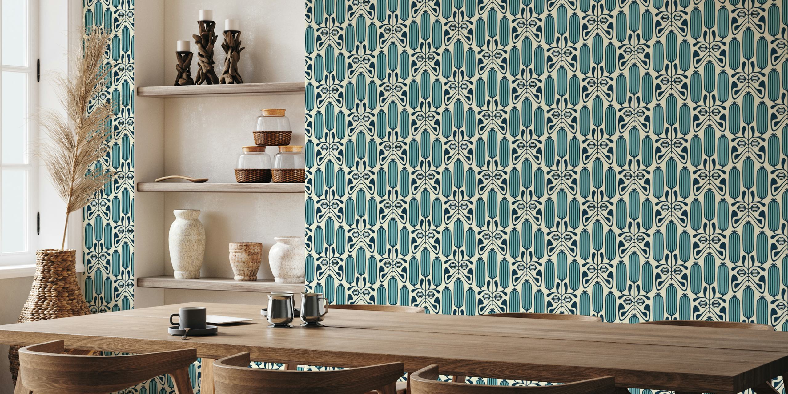 Ornate floral cucumber pattern in blue and cream wallpaper