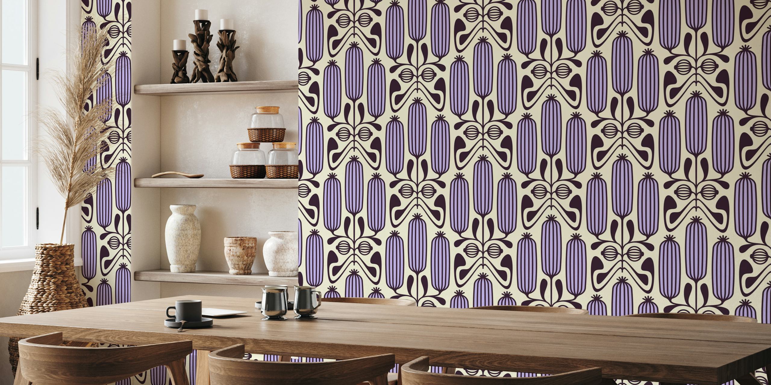 Ornate Floral Cucumbers in Purple wallpaper in a room