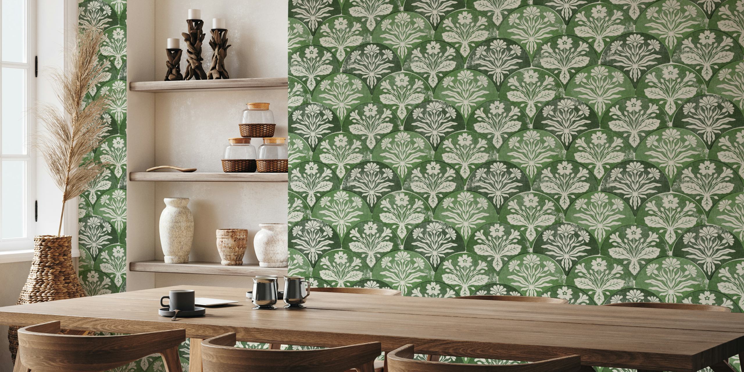 Art Deco Floral wallpaper i ett grönt rum