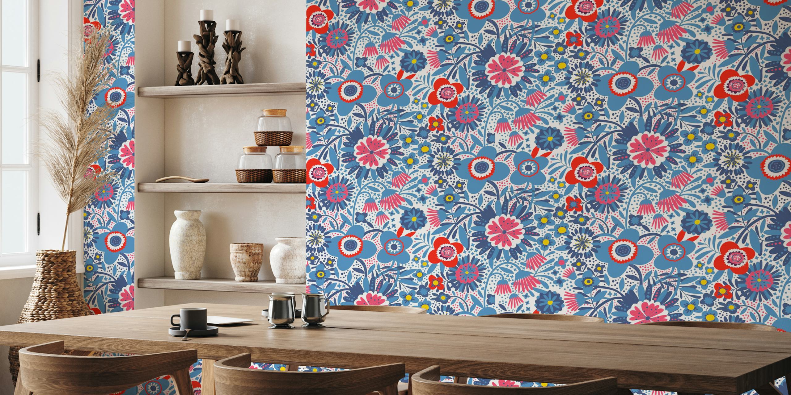 Colorful blockprint super bloom wallpaper in a room