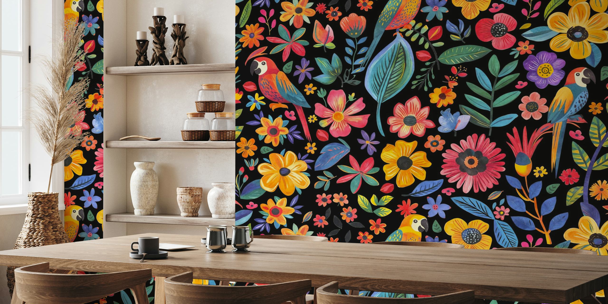 Tropical Paradise Blooming Jungle Black wallpaper ontwerp