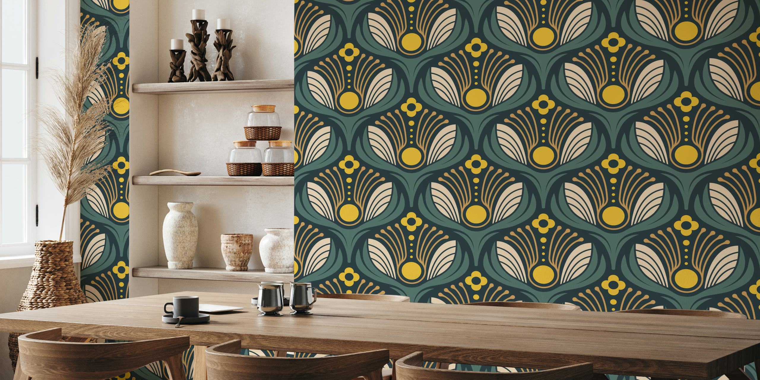 Art Deco Floral in Green Yellow design di carta da parati