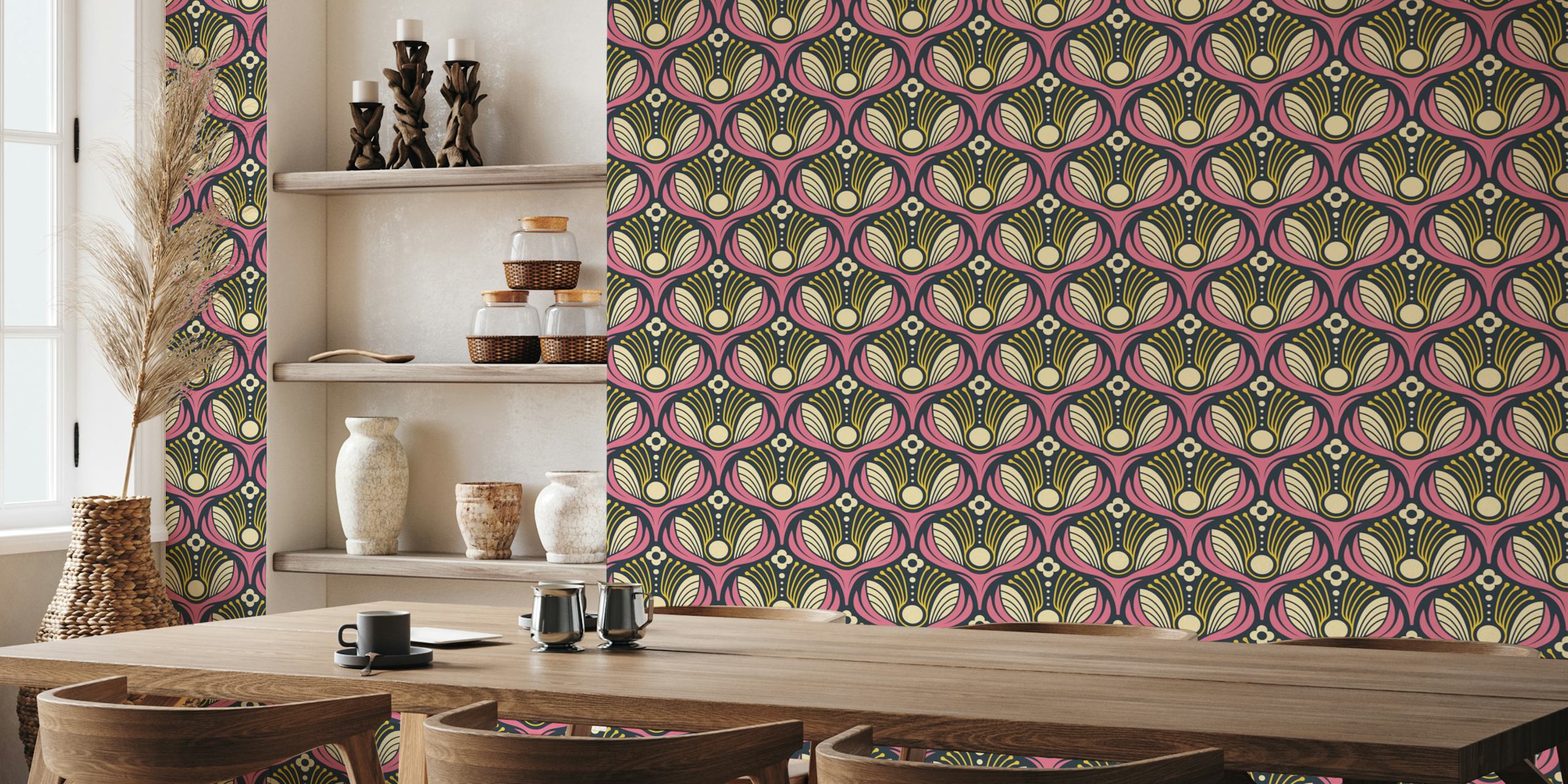 Art Deco Floral in Pink wallpaper in a room