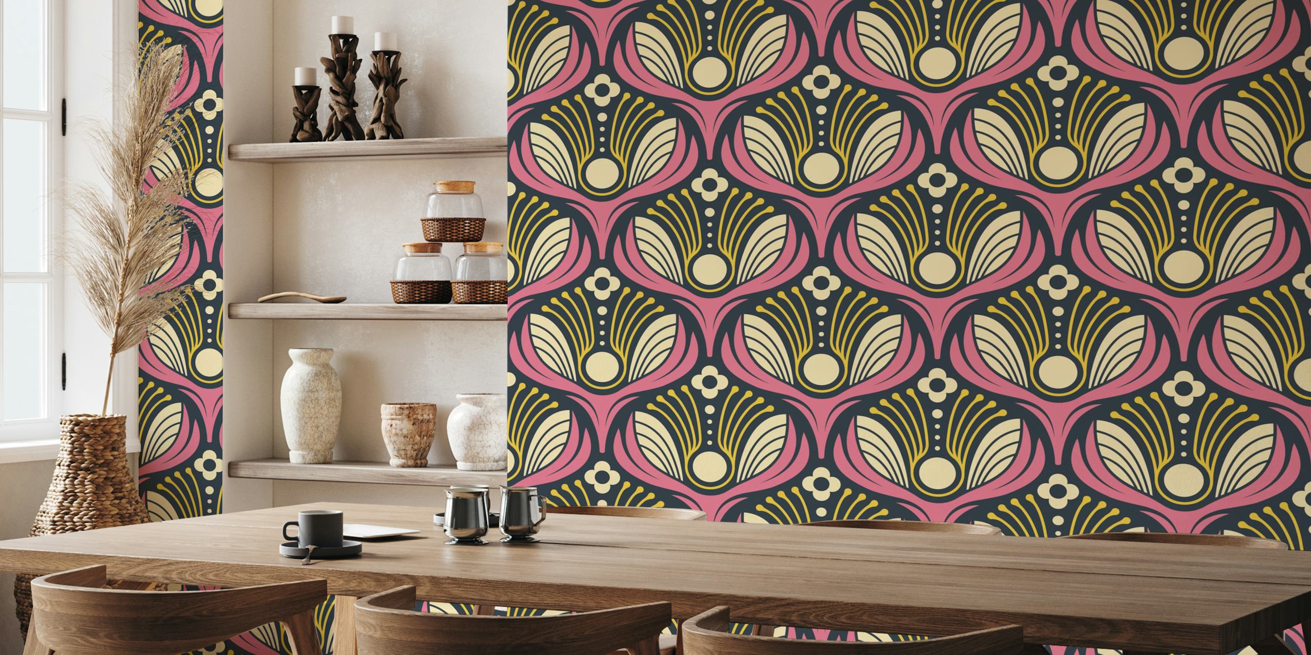 Ταπετσαρία Art Deco Floral in Pink σε ένα δωμάτιο